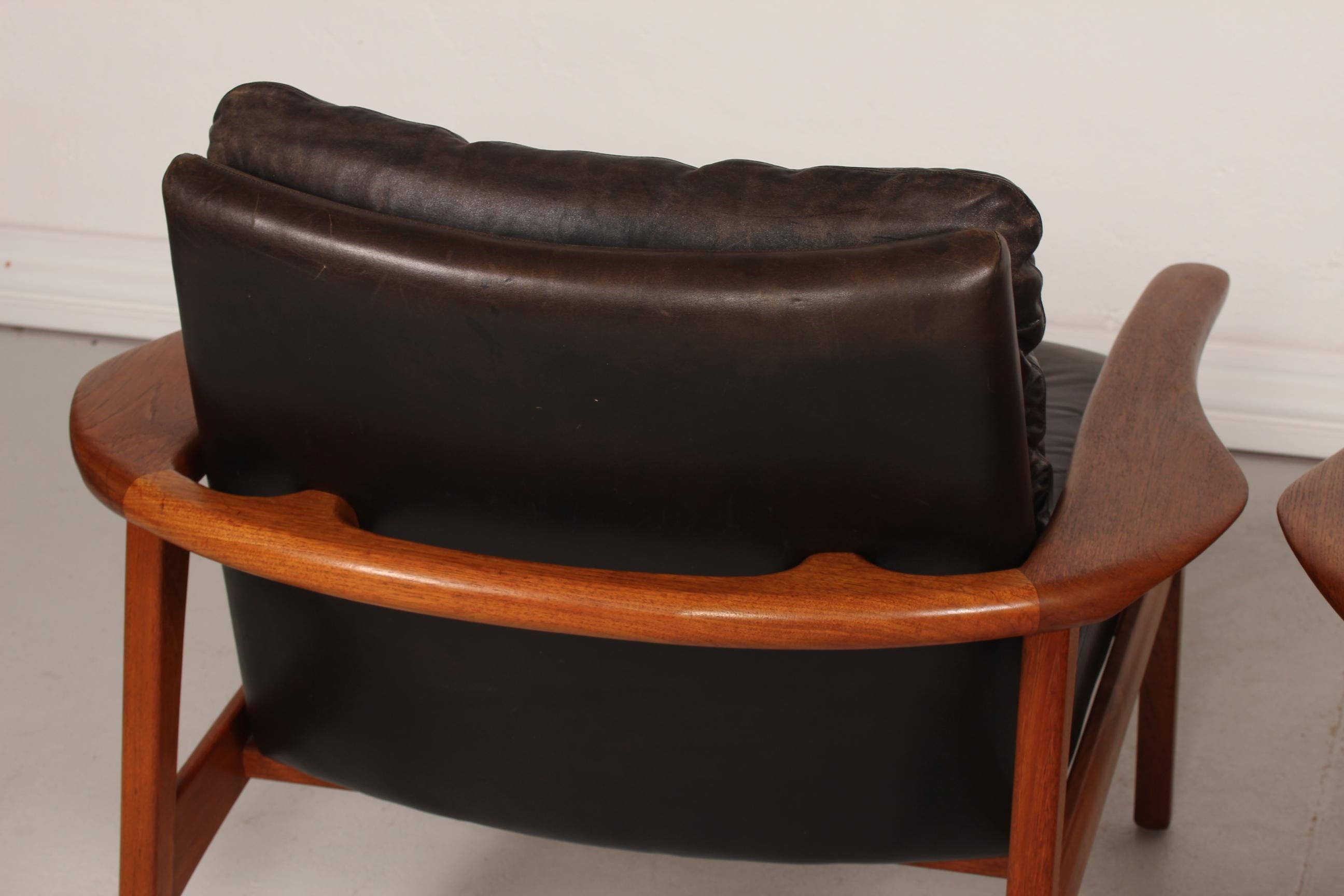 Ib Kofod-Larsen Attributed Danish Modern Teak Lounge Chairs with Black Leather 5