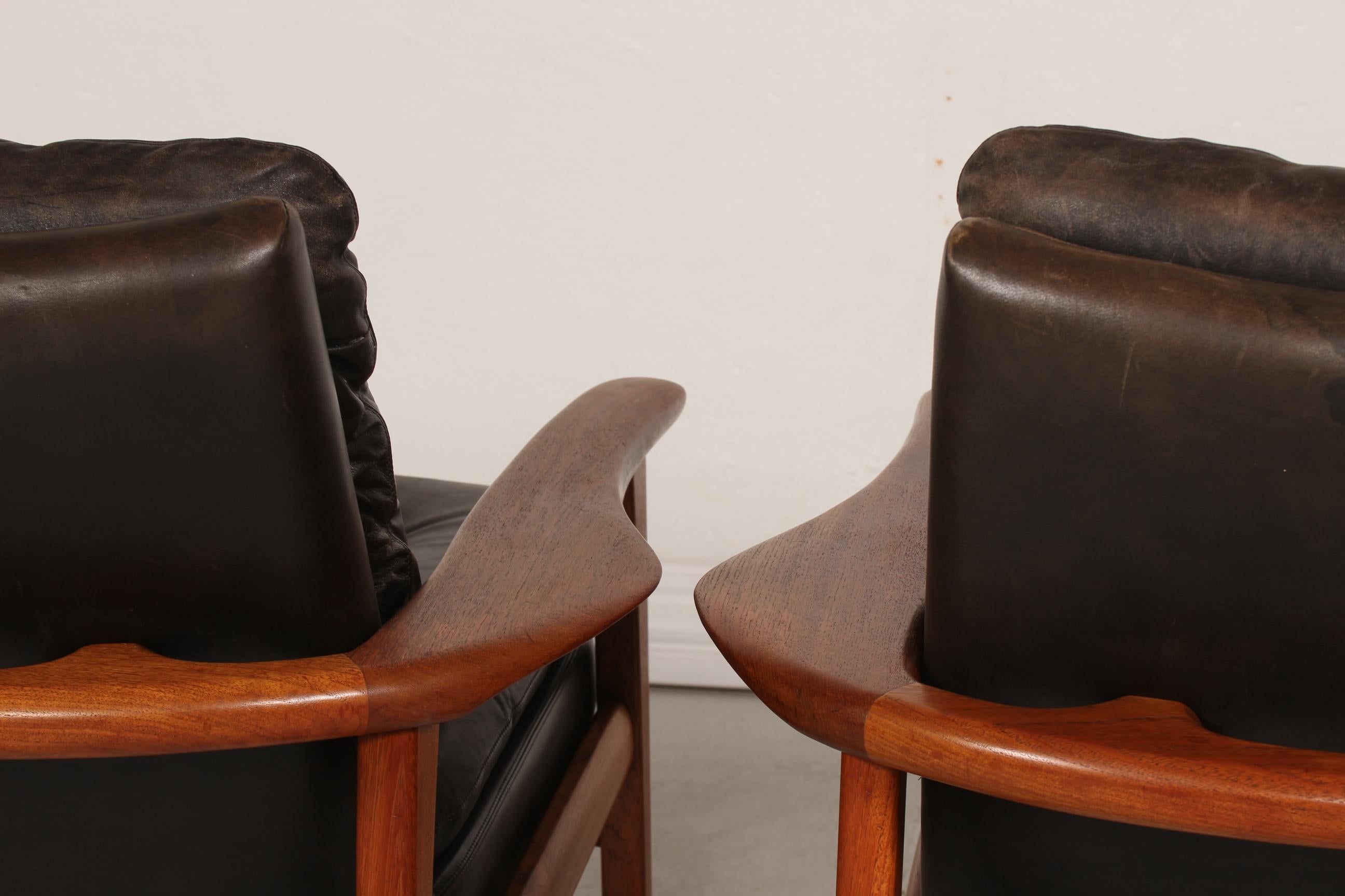 Ib Kofod-Larsen Attributed Danish Modern Teak Lounge Chairs with Black Leather 6