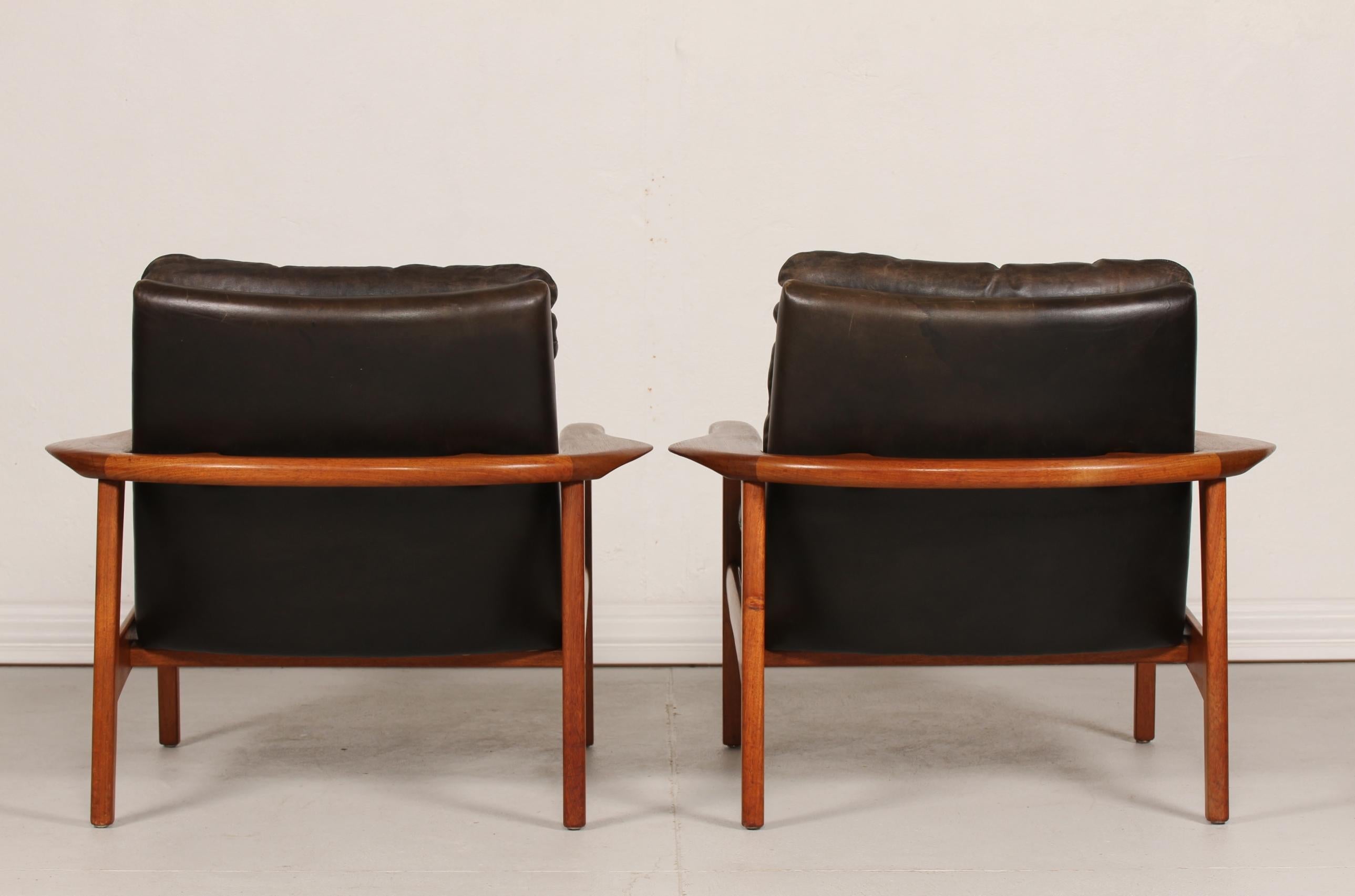 Mid-Century Modern Ib Kofod-Larsen Attributed Danish Modern Teak Lounge Chairs with Black Leather