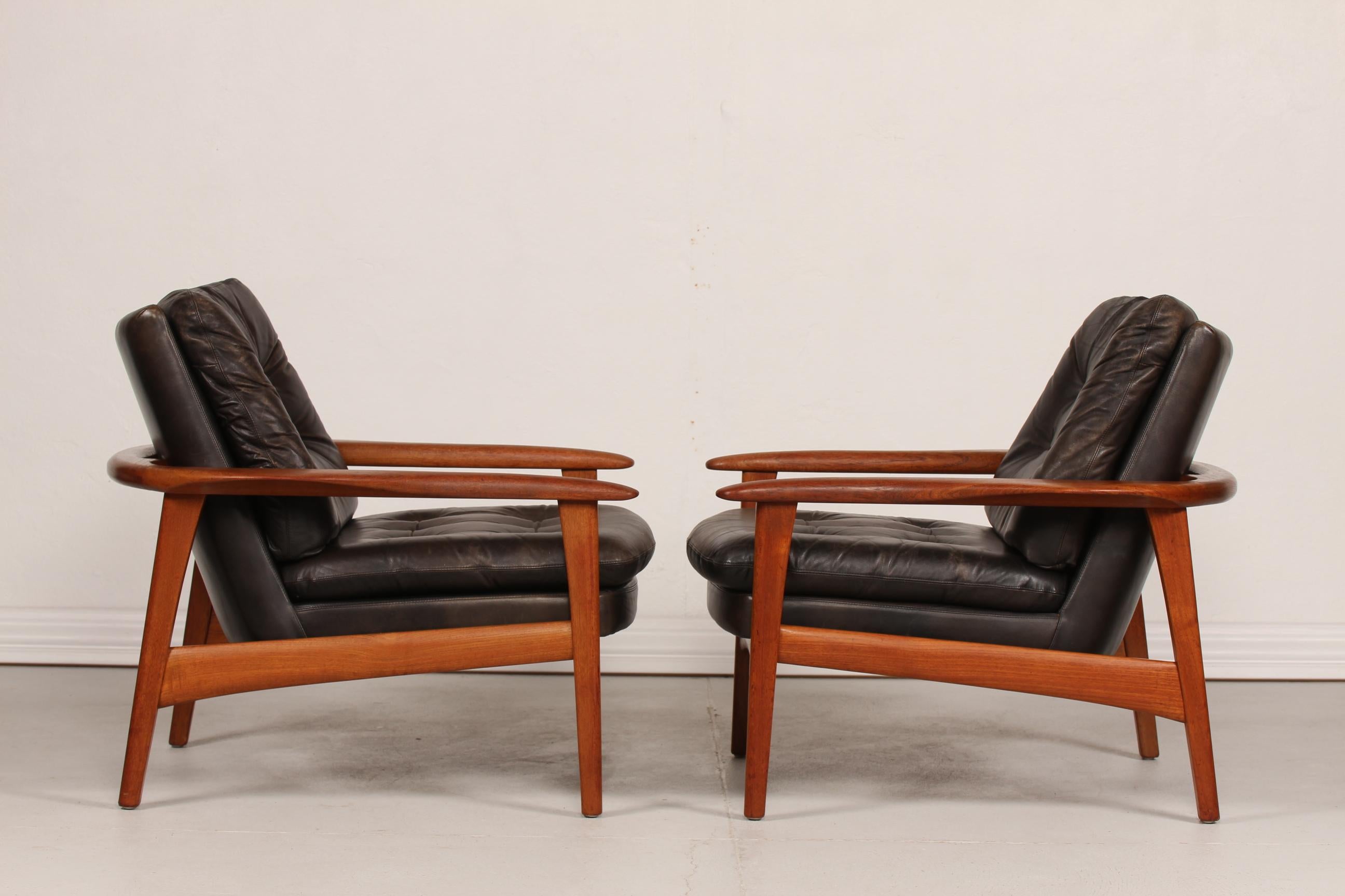 Ib Kofod-Larsen Attributed Danish Modern Teak Lounge Chairs with Black Leather 1