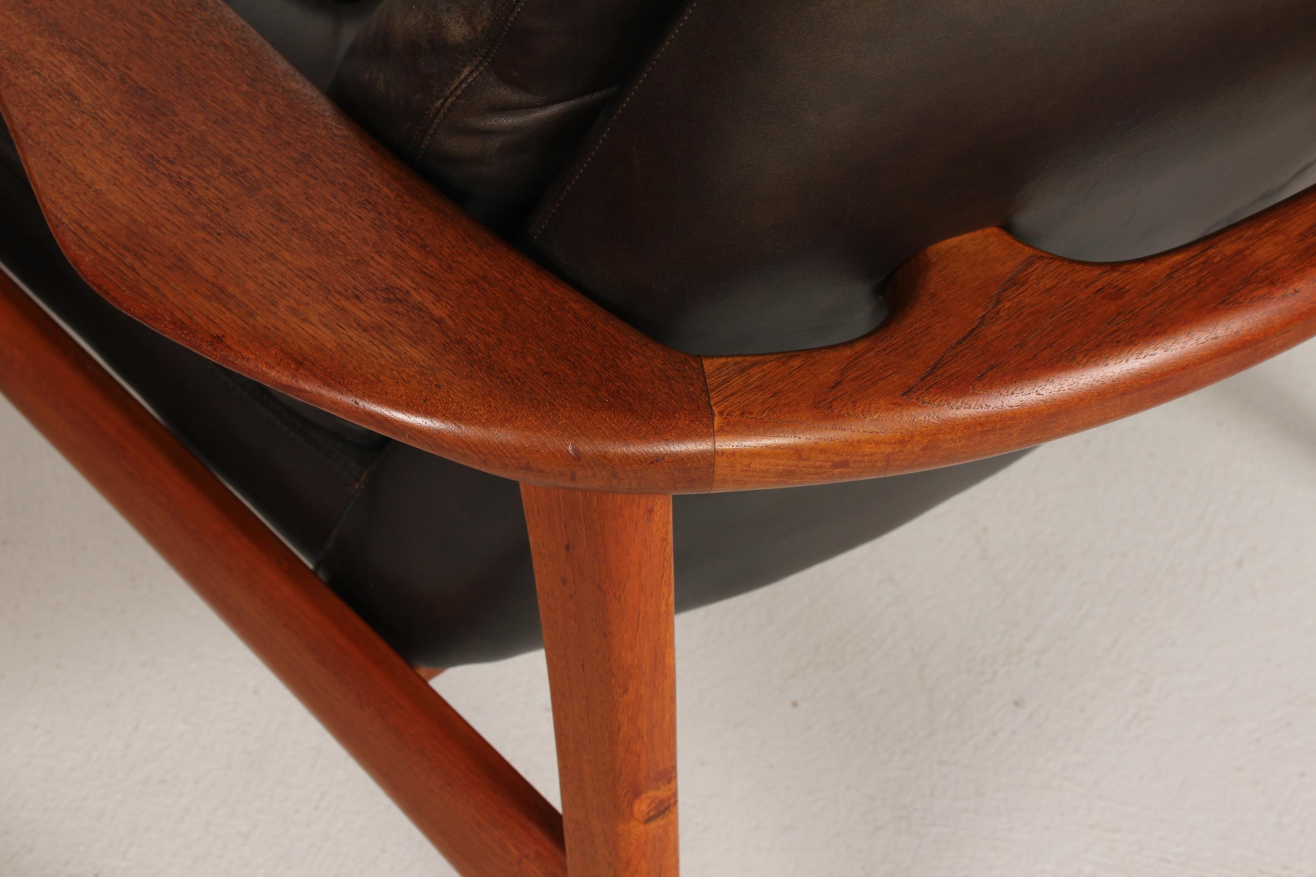 Ib Kofod-Larsen Attributed Danish Modern Teak Lounge Chairs with Black Leather 2