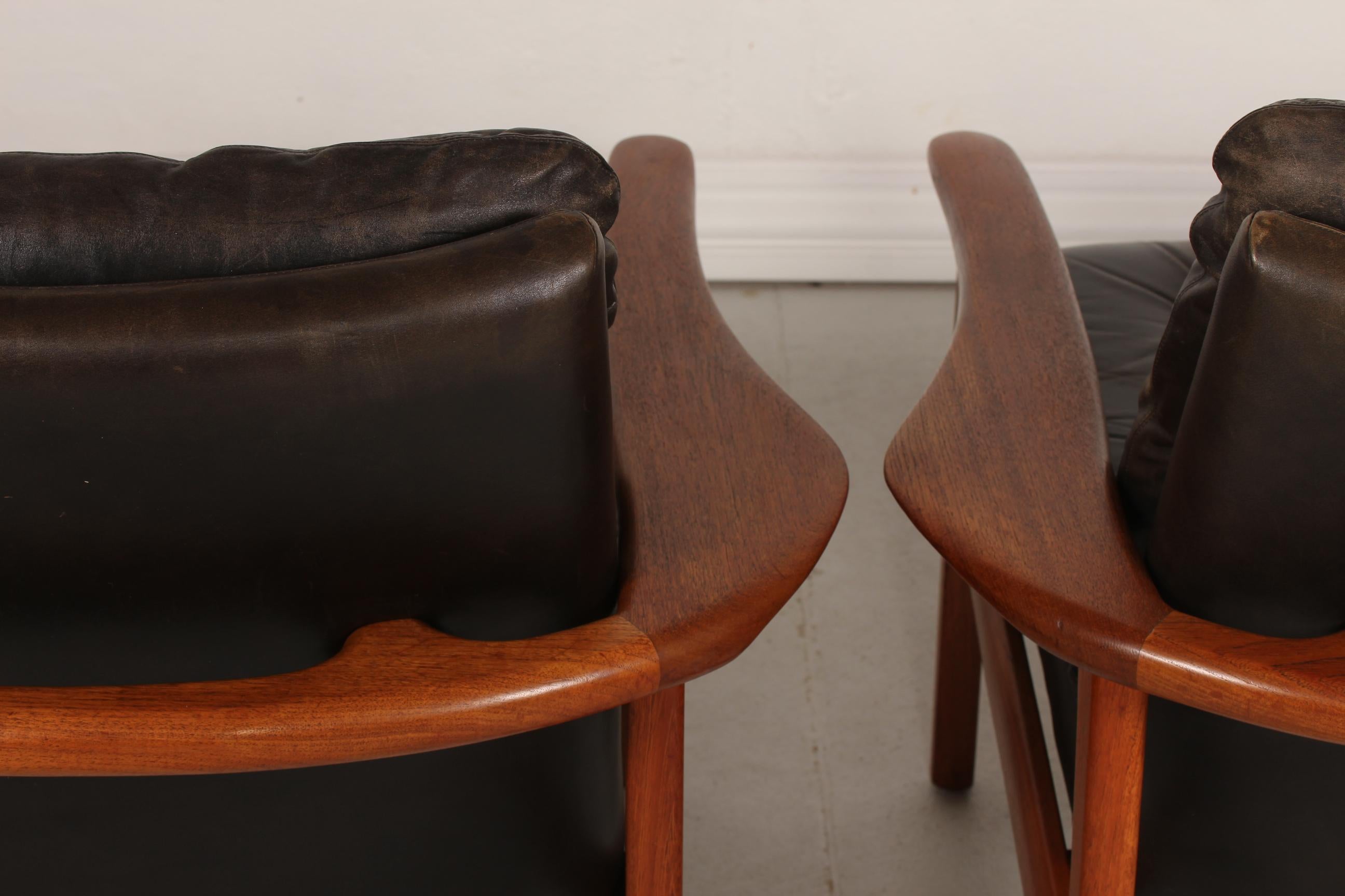 Ib Kofod-Larsen Attributed Danish Modern Teak Lounge Chairs with Black Leather 3
