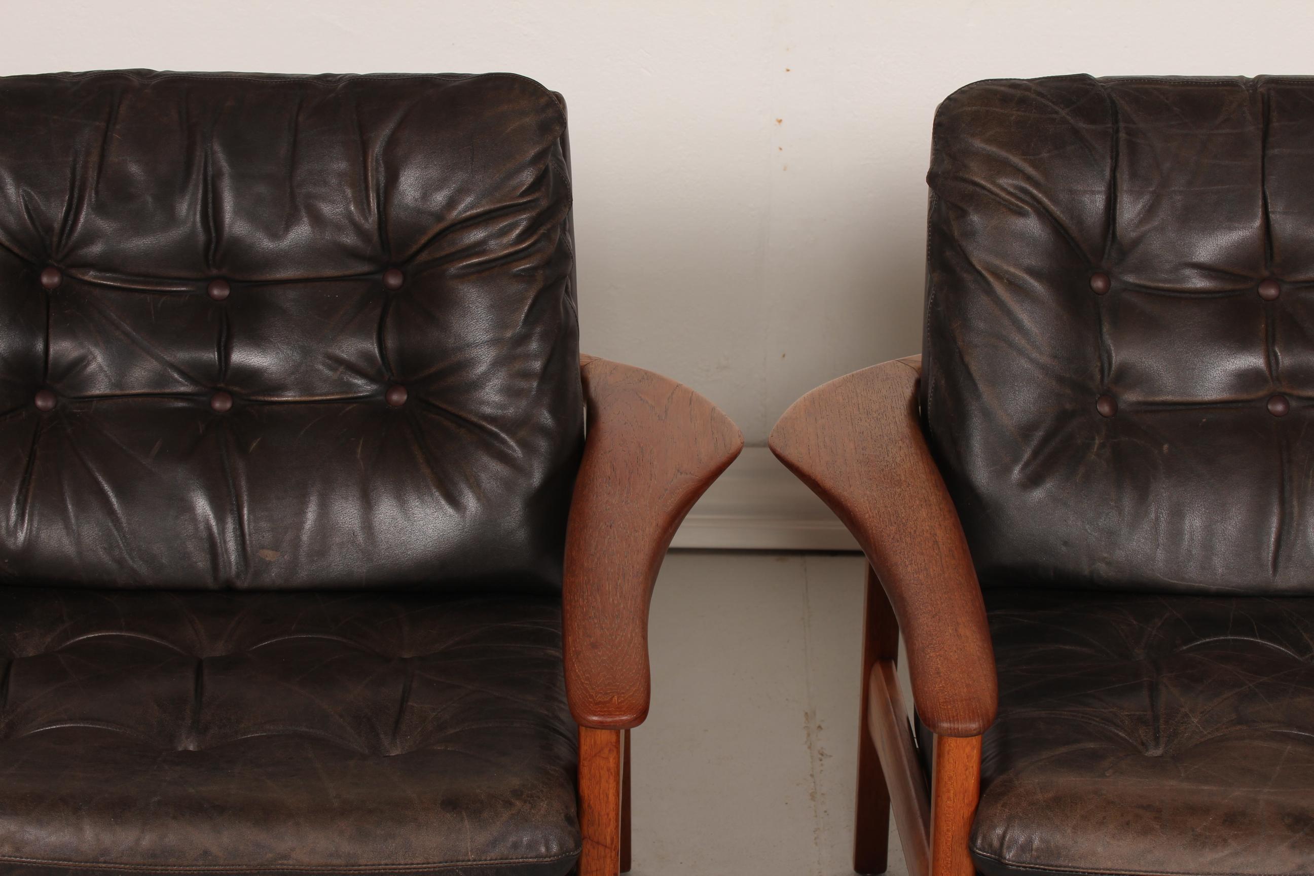 Ib Kofod-Larsen Attributed Danish Modern Teak Lounge Chairs with Black Leather 4
