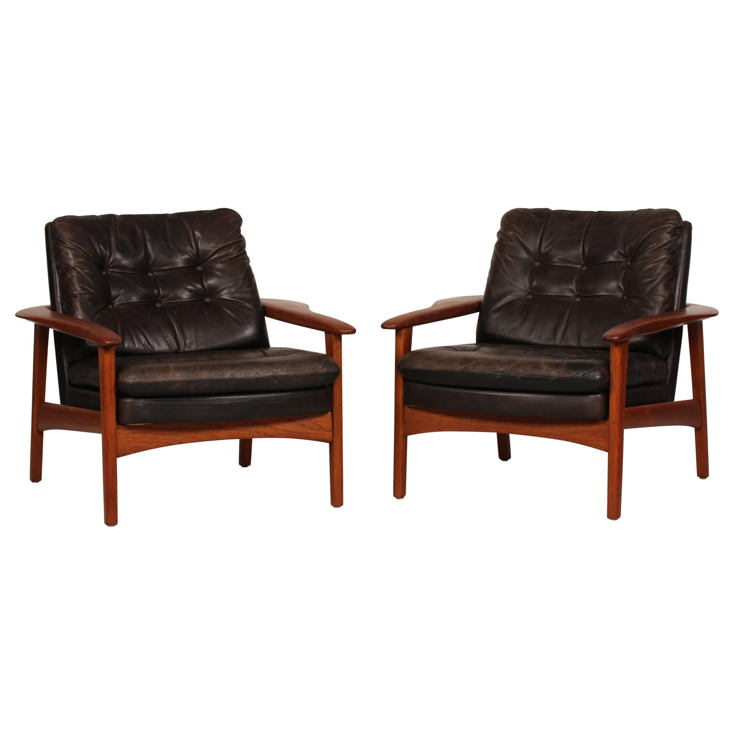 Ib Kofod-Larsen Attributed Danish Modern Teak Lounge Chairs with Black Leather