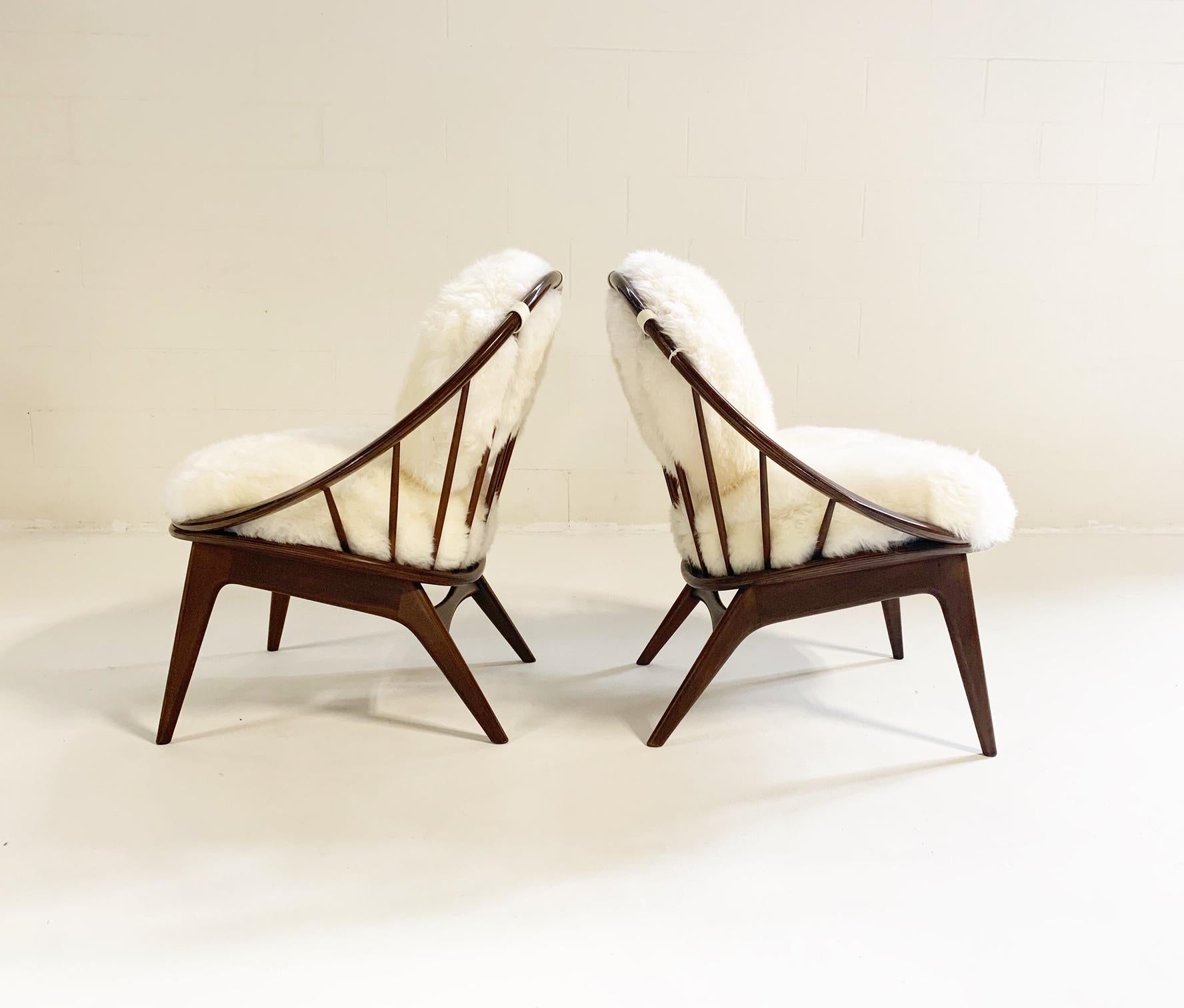Scandinavian Modern Ib Kofod-Larsen Bentwood Lounge Chairs with Brazilian Sheepskin Cushions