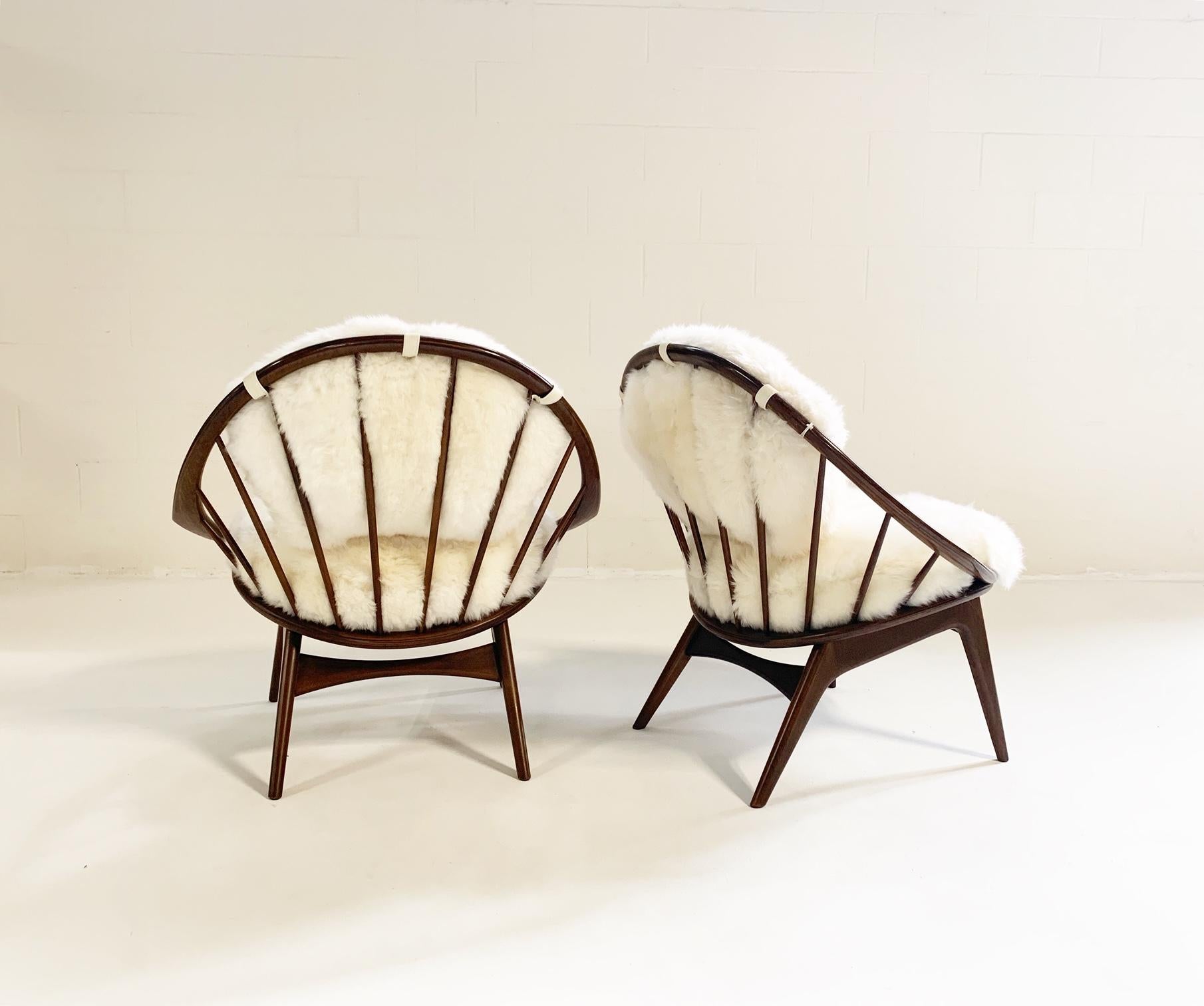 Danish Ib Kofod-Larsen Bentwood Lounge Chairs with Brazilian Sheepskin Cushions