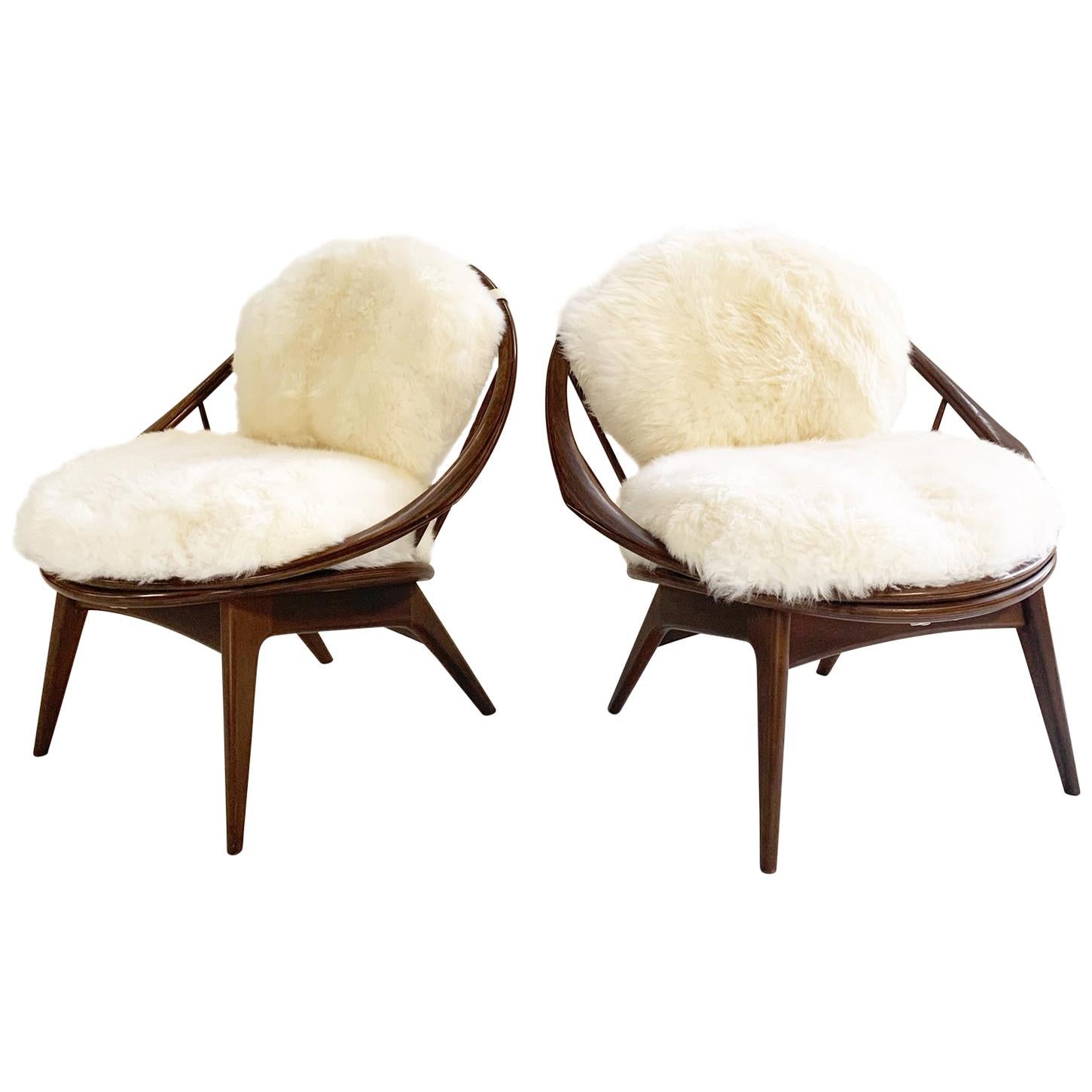 Ib Kofod-Larsen Bentwood Lounge Chairs with Brazilian Sheepskin Cushions