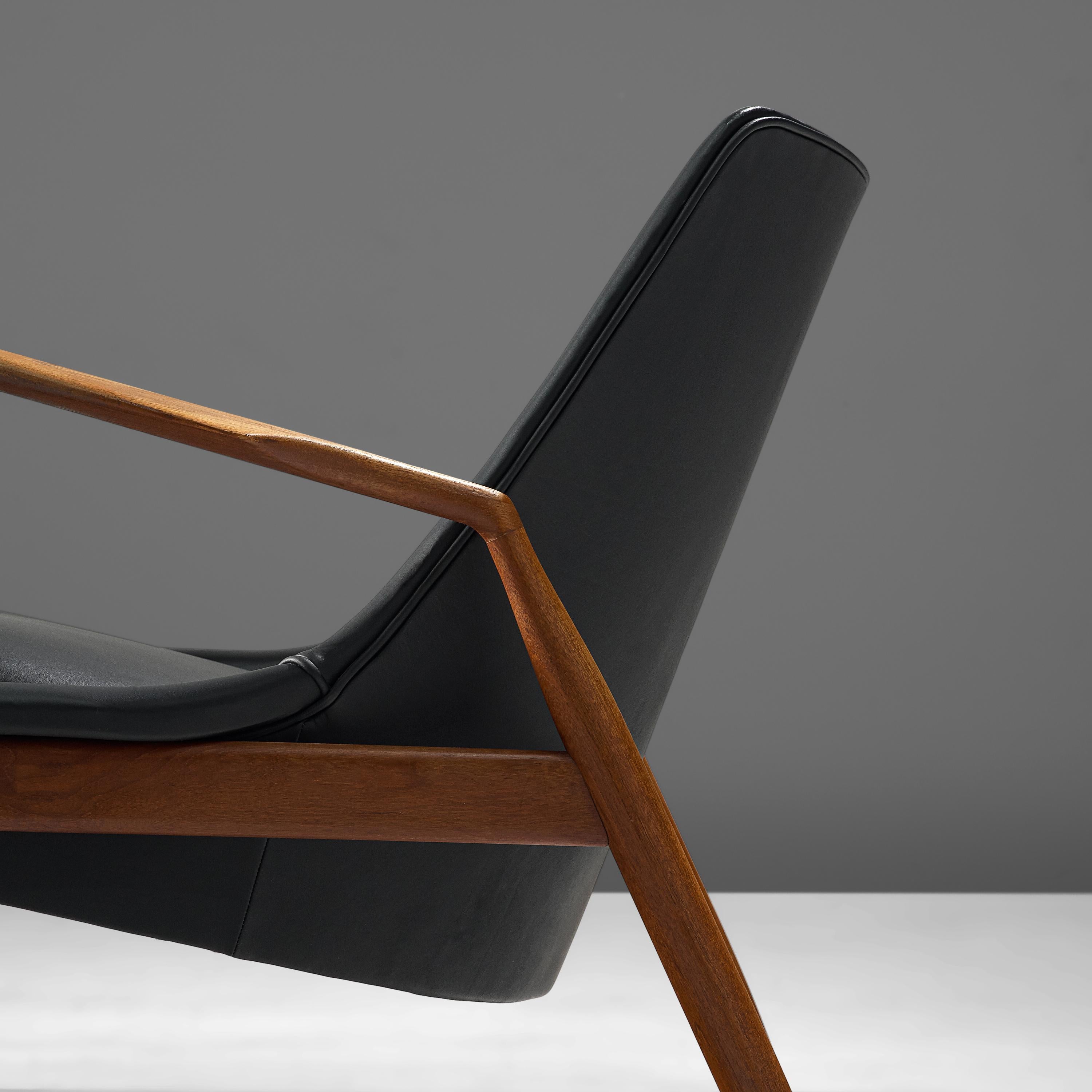Mid-20th Century Ib Kofod-Larsen Lounge Chair in Black Leather and Teak
