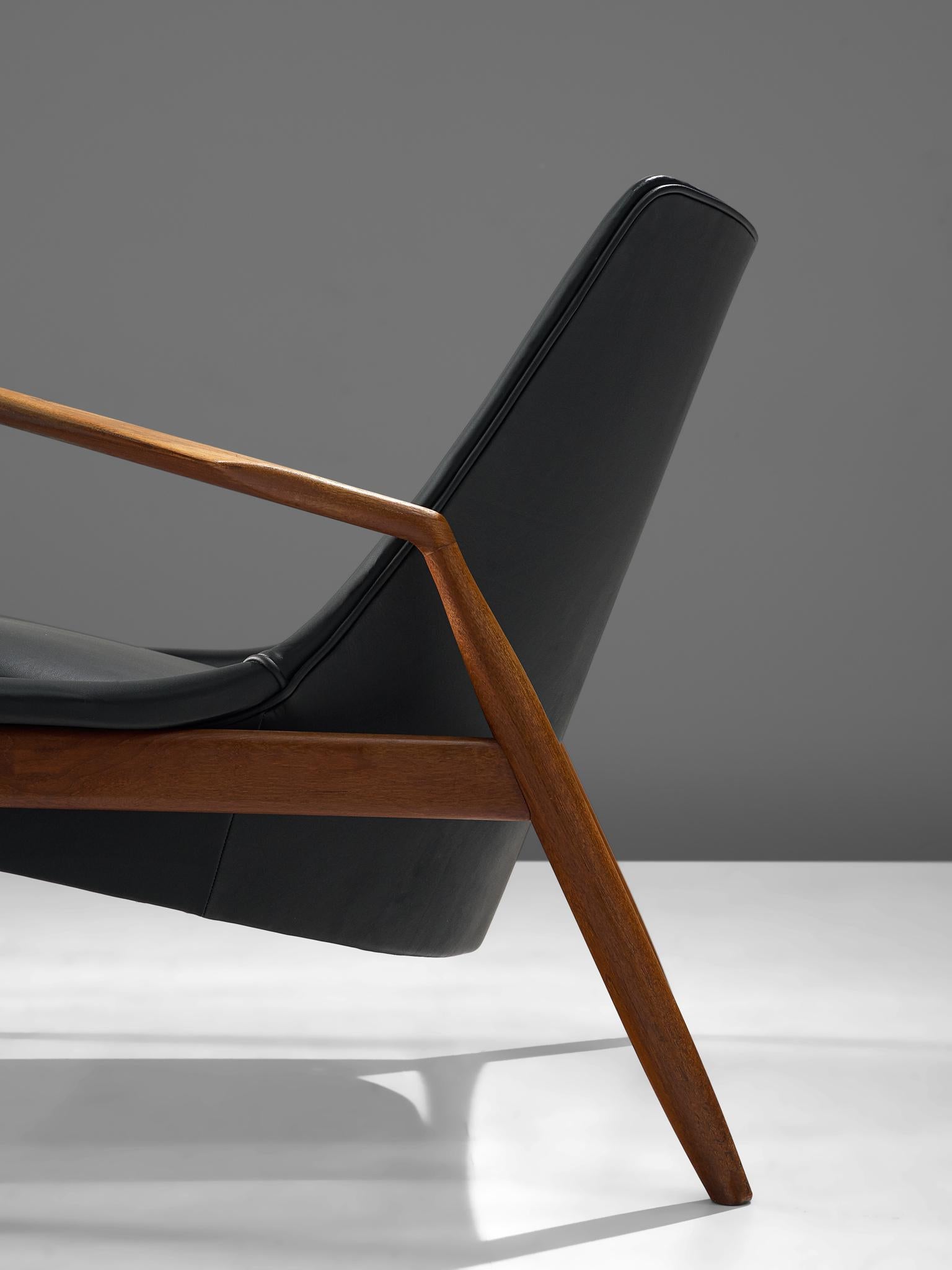 Scandinavian Modern Ib Kofod-Larsen Black Leather Seal Chair in Teak