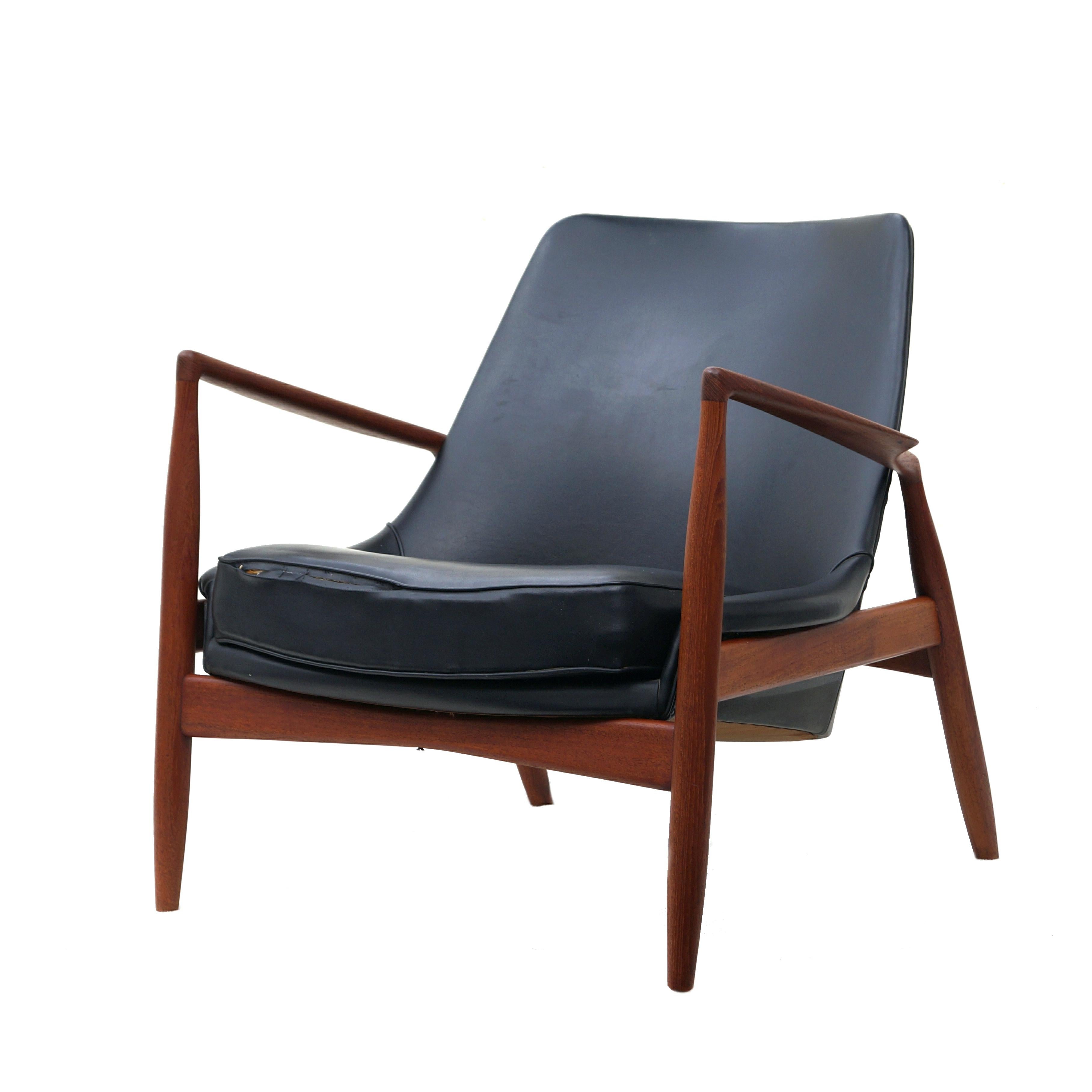 Scandinavian Modern Ib Kofod-Larsen Black Leather Seal Easy Lounge Chair by OPE in Sweden