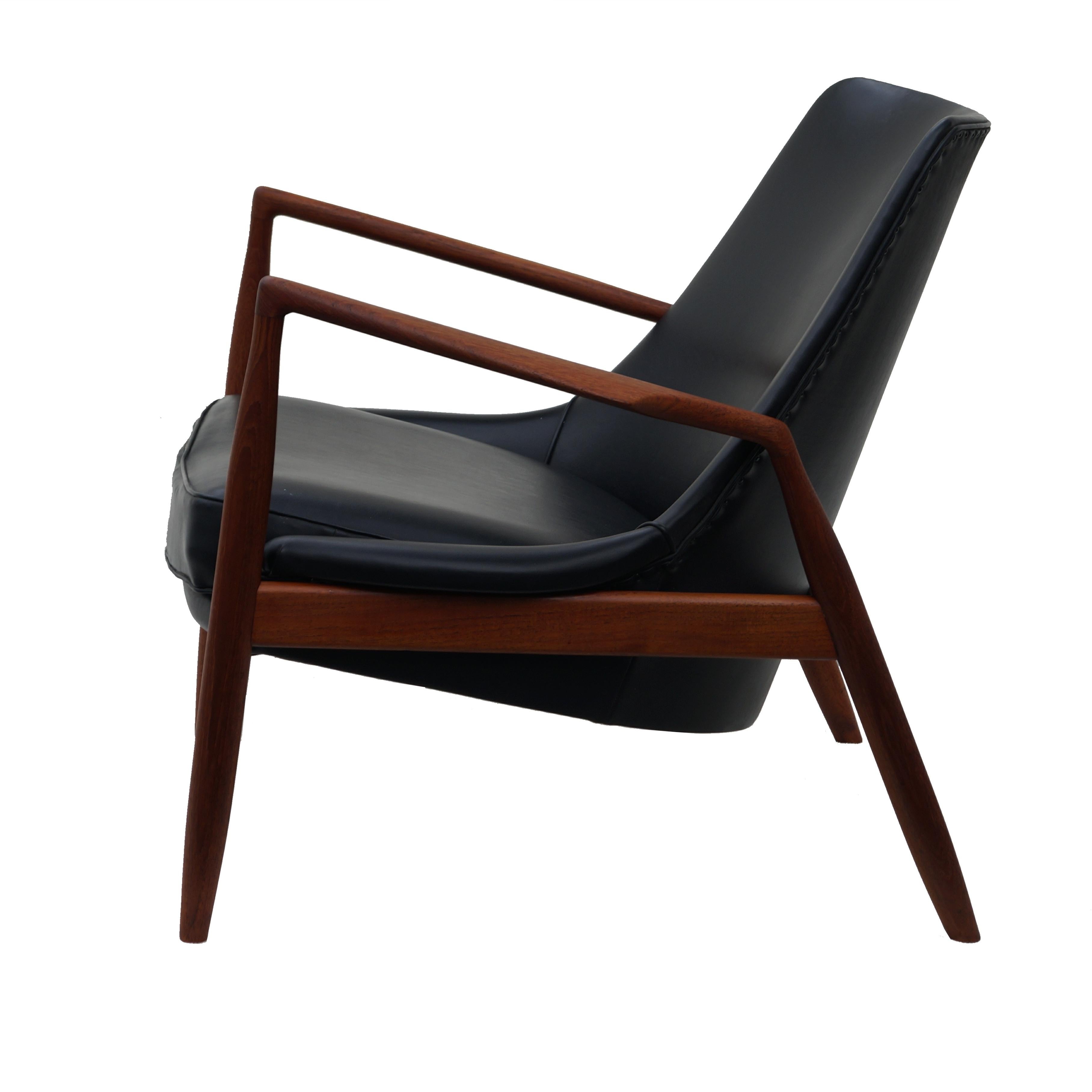 Swedish Ib Kofod-Larsen Black Leather Seal Easy Lounge Chair by OPE in Sweden