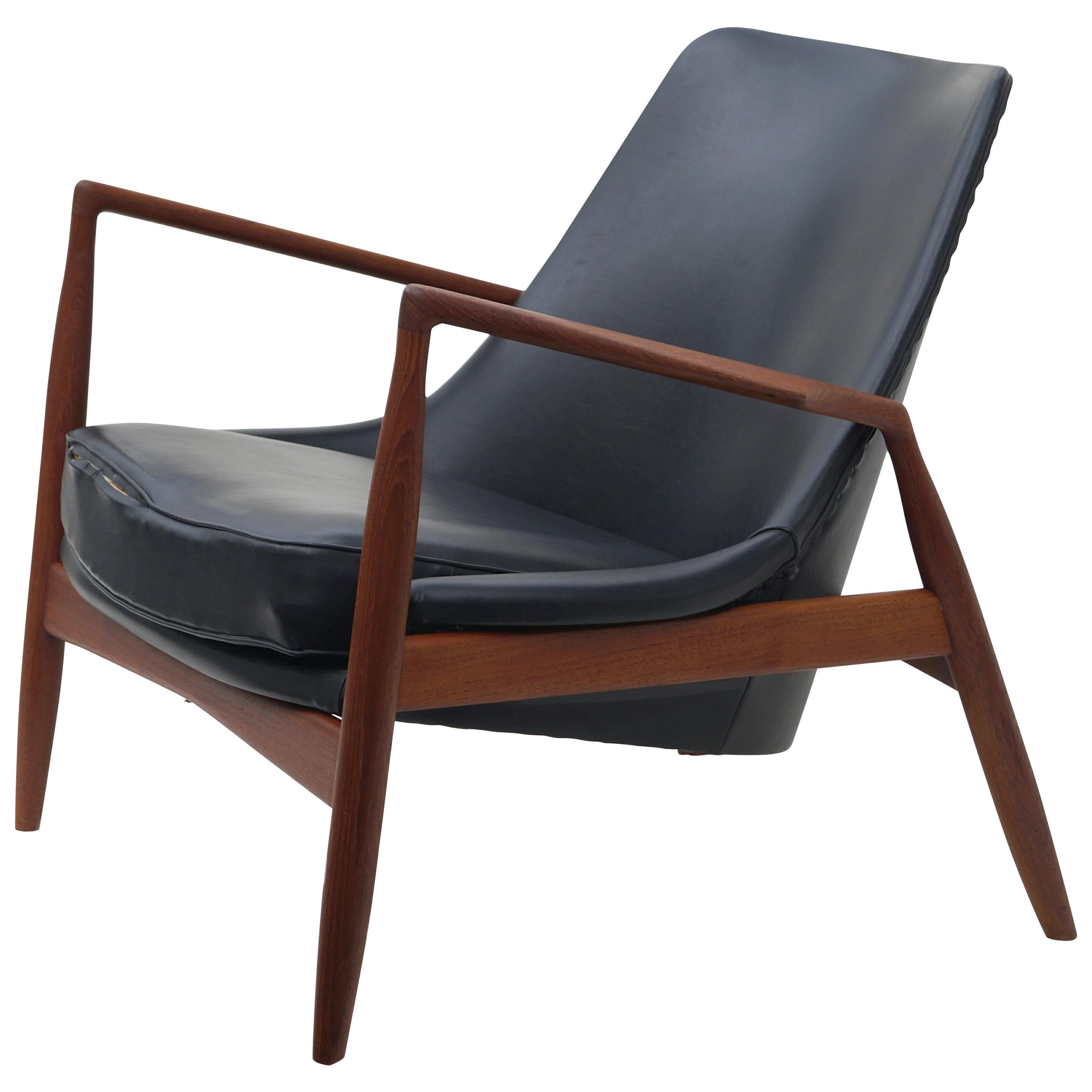 Ib Kofod-Larsen Black Leather Seal Easy Lounge Chair by OPE in Sweden