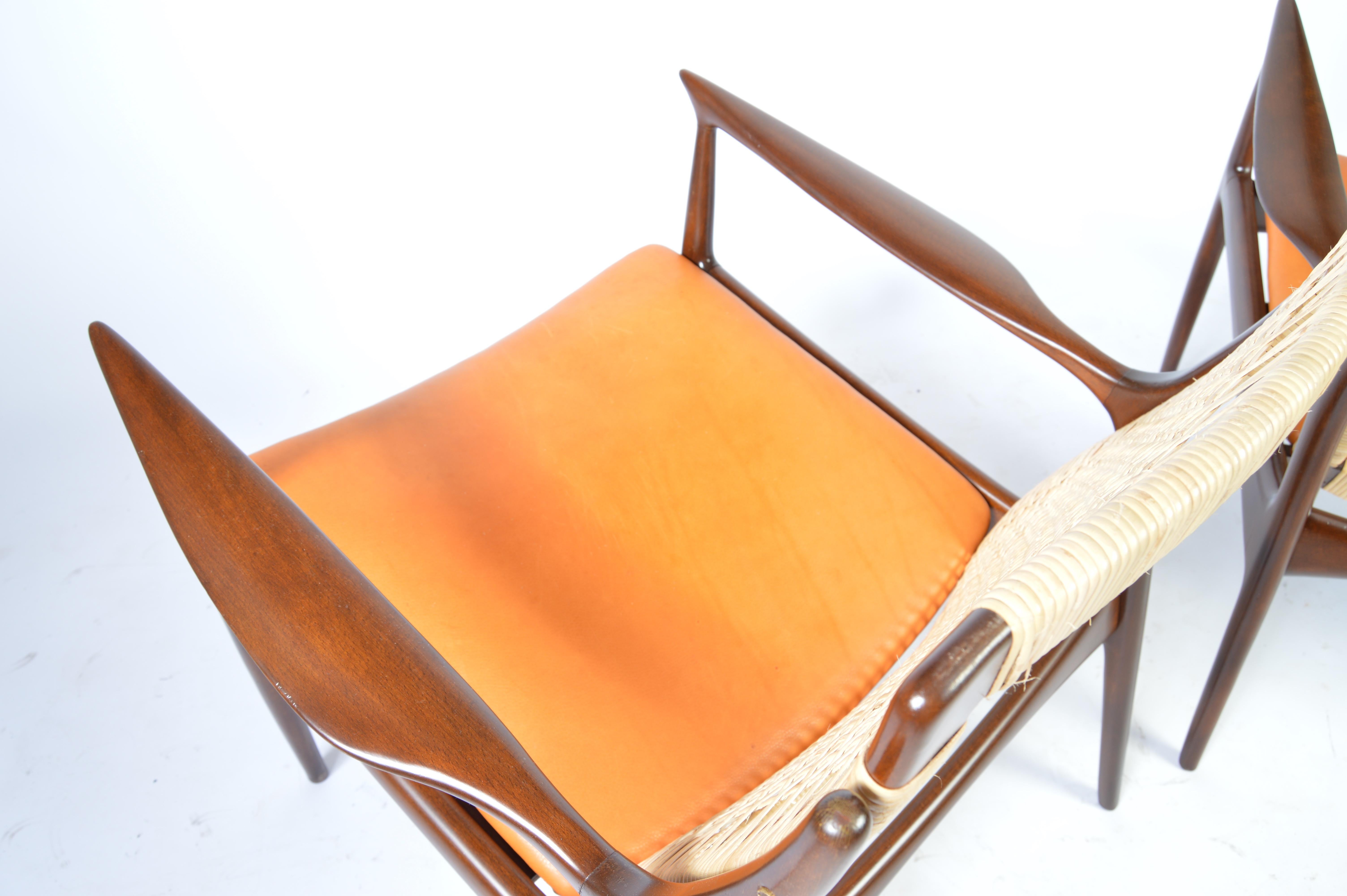 Mahogany IB Kofod Larsen Cane Back Easy Chairs in Vegetable Dyed Leather