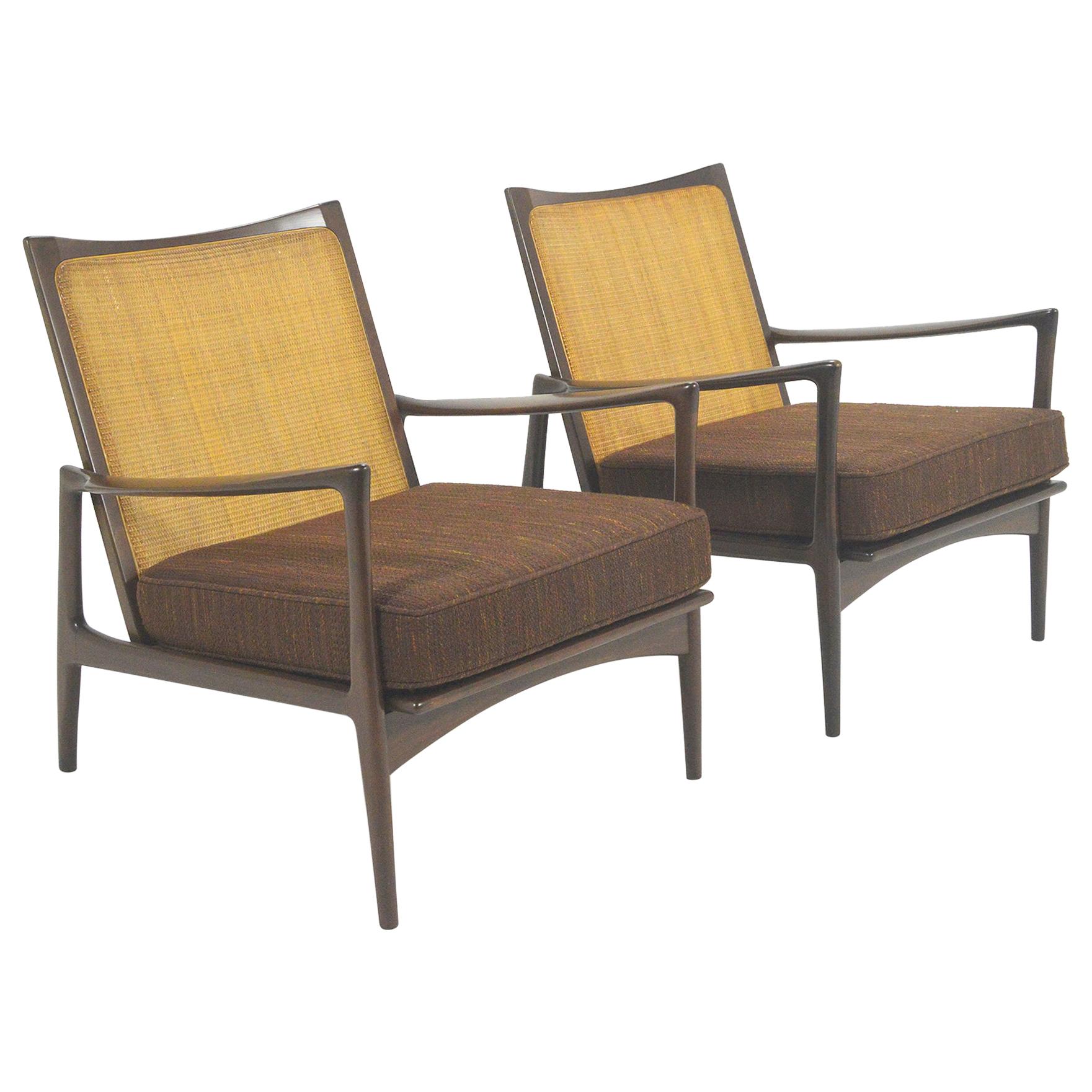 Ib Kofod-Larsen Cane-Back Lounge Chair Pair For Sale