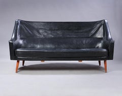 Ib Kofod Larsen Curved Back Sofa Black Leather, 1954