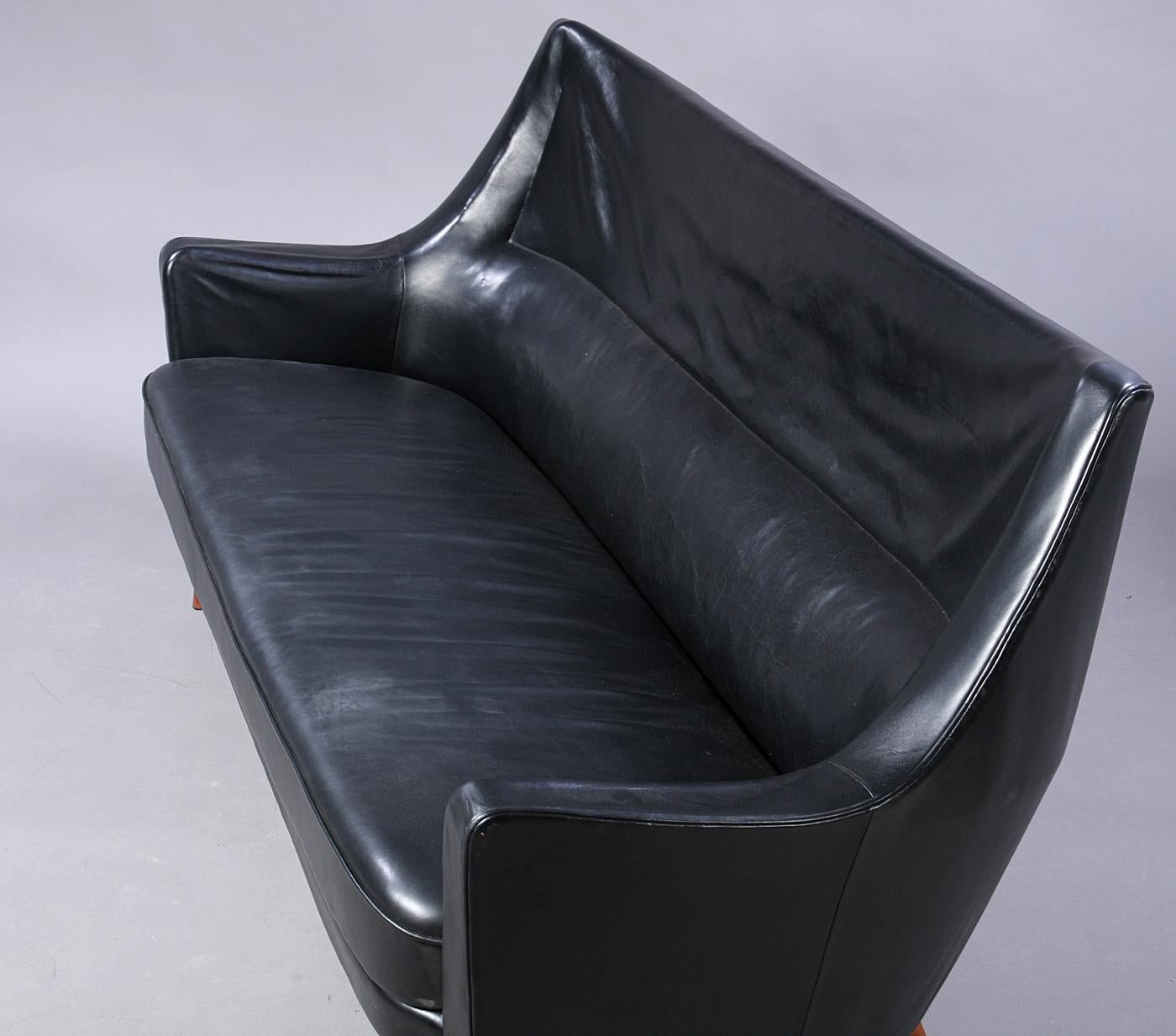 Scandinavian Modern Ib Kofod Larsen Curved Back Sofa Black Leather, 1954 For Sale
