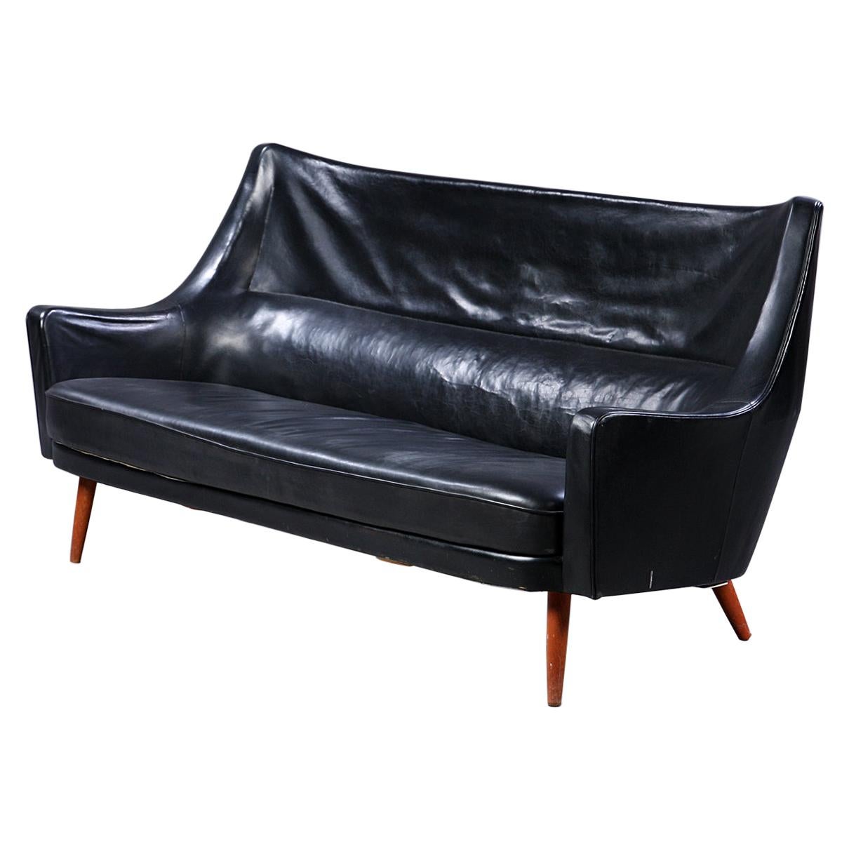 Ib Kofod Larsen Curved Back Sofa Black Leather, 1954 For Sale