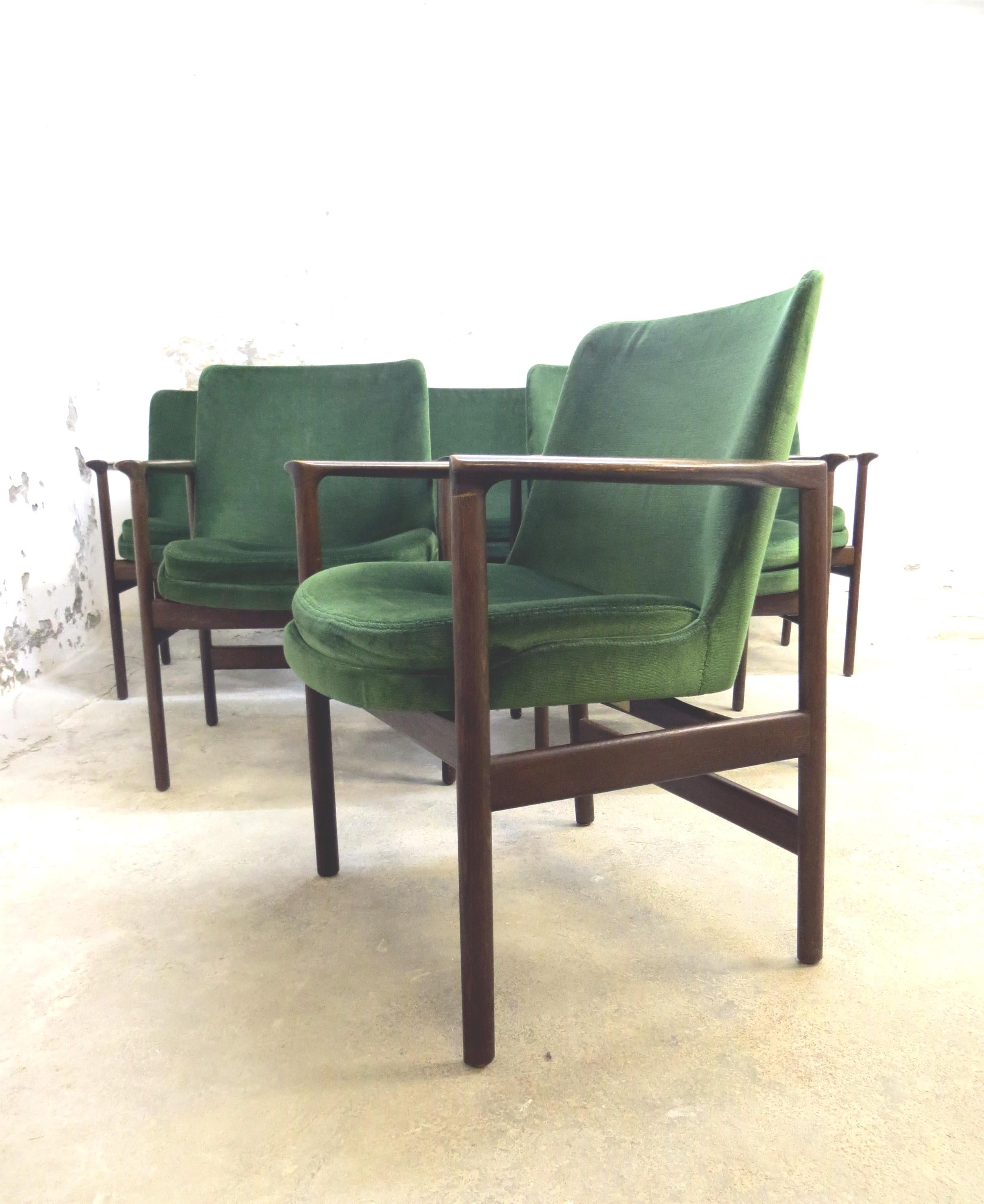 Mid-20th Century Ib Kofod-Larsen Danish Design Armchair Lounge Chairs in Green Velvet, Set of 6