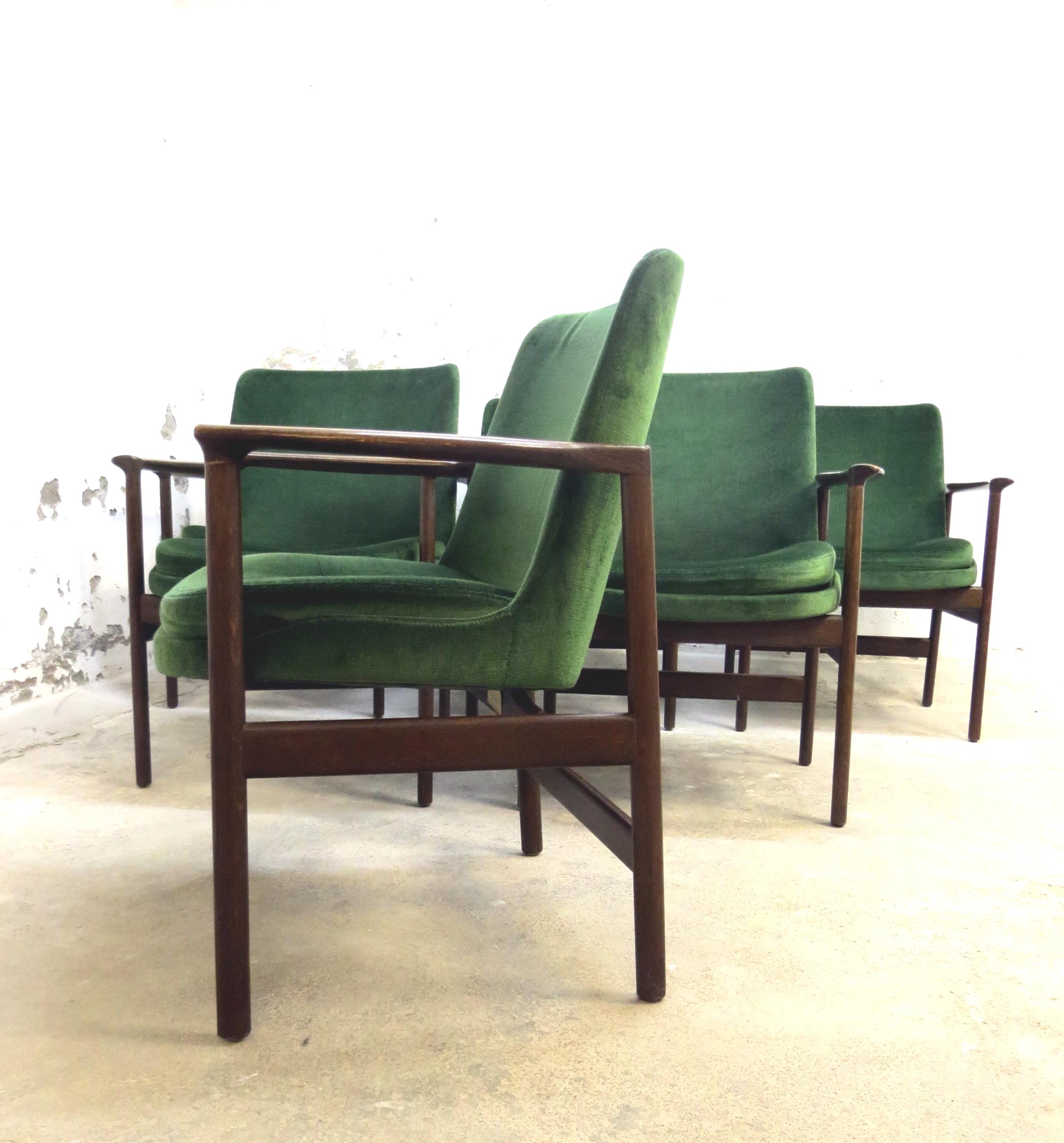 Ib Kofod-Larsen Danish Design Armchair Lounge Chairs in Green Velvet, Set of 6 3