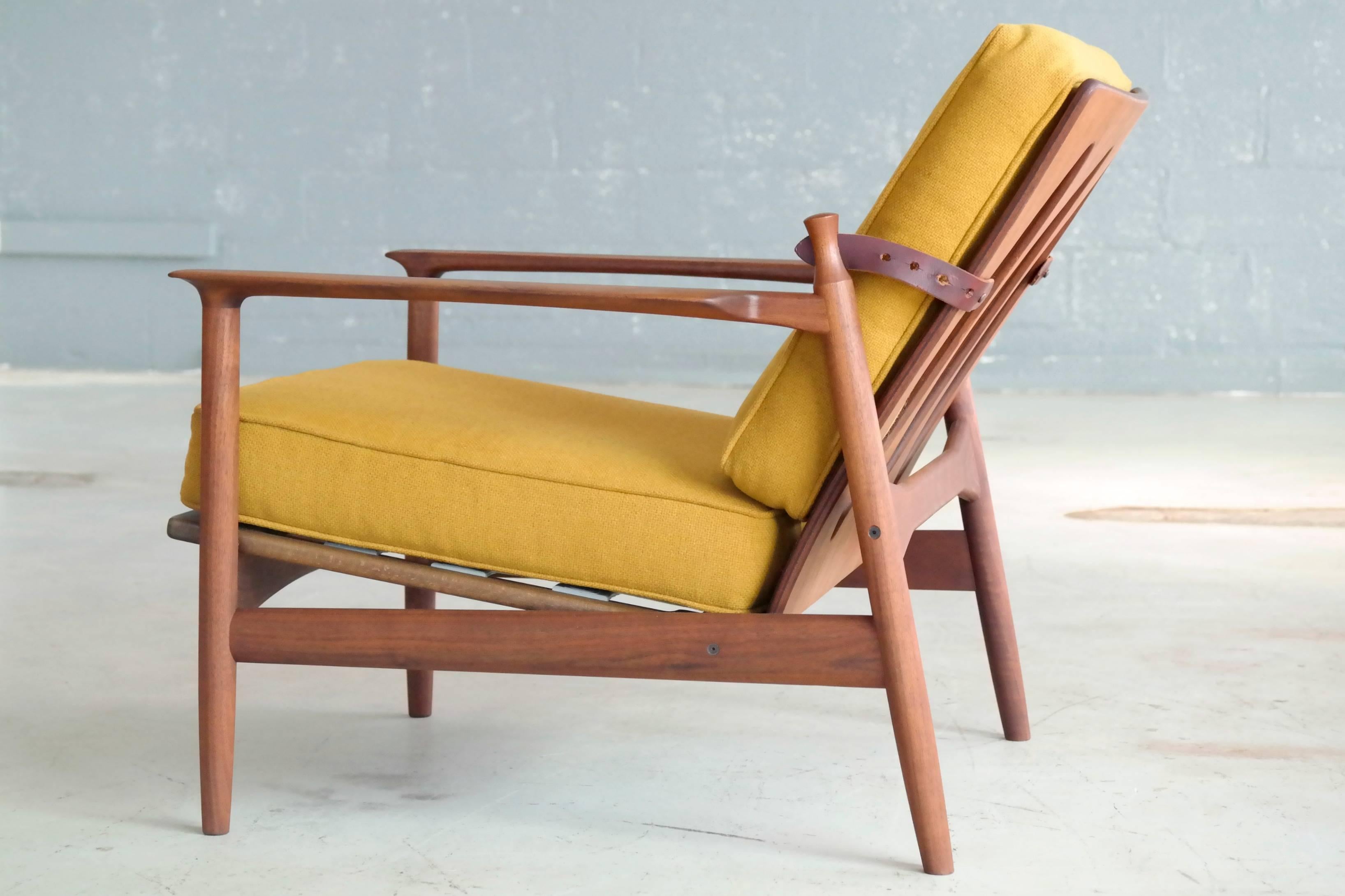 Wool Ib Kofod-Larsen Danish Midcentury Reclining Lounge Chair in Walnut for Selig