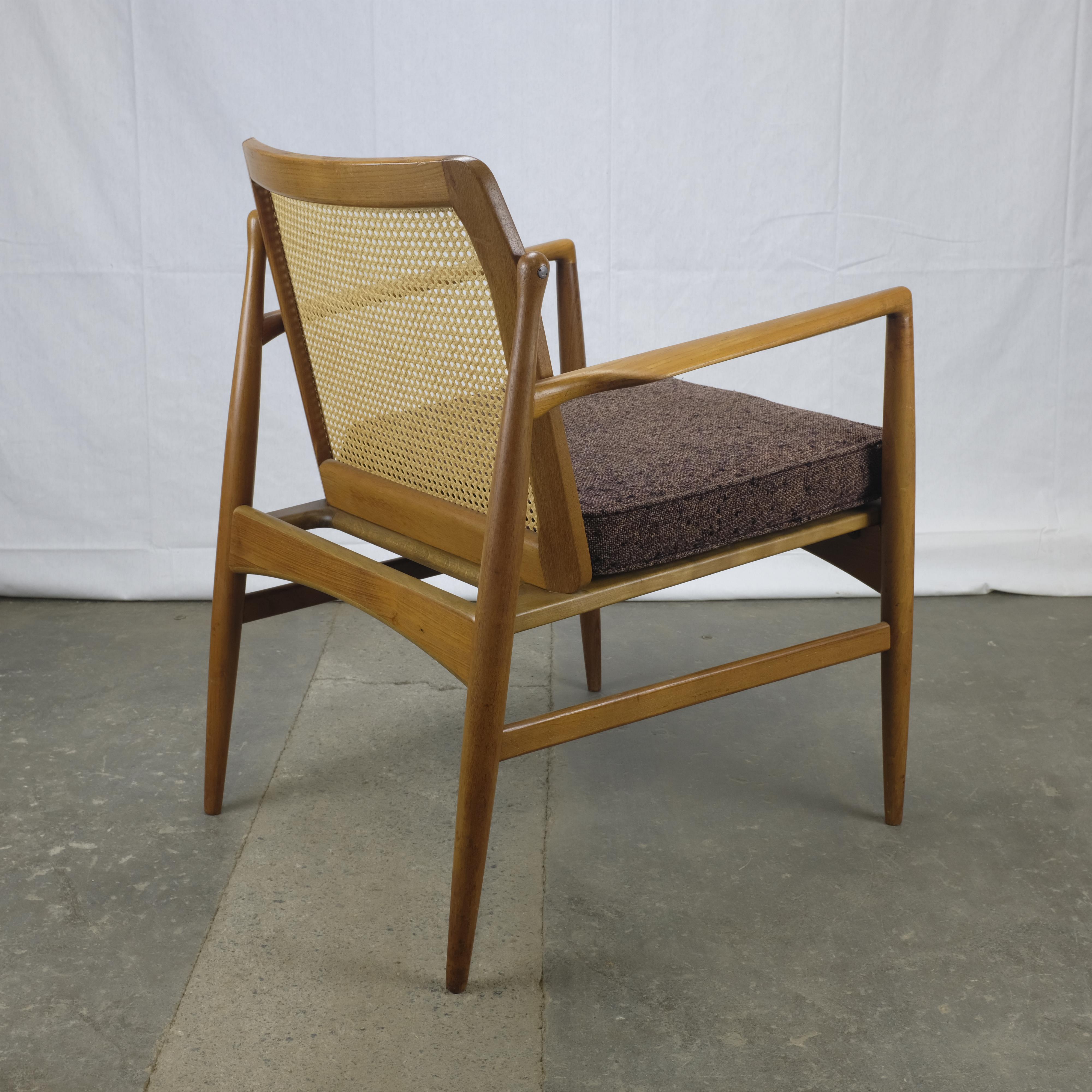 Ib Kofod-Larsen Danish Modern Teak Cane-Backed Armchair by Selig In Excellent Condition For Sale In Ottawa, ON