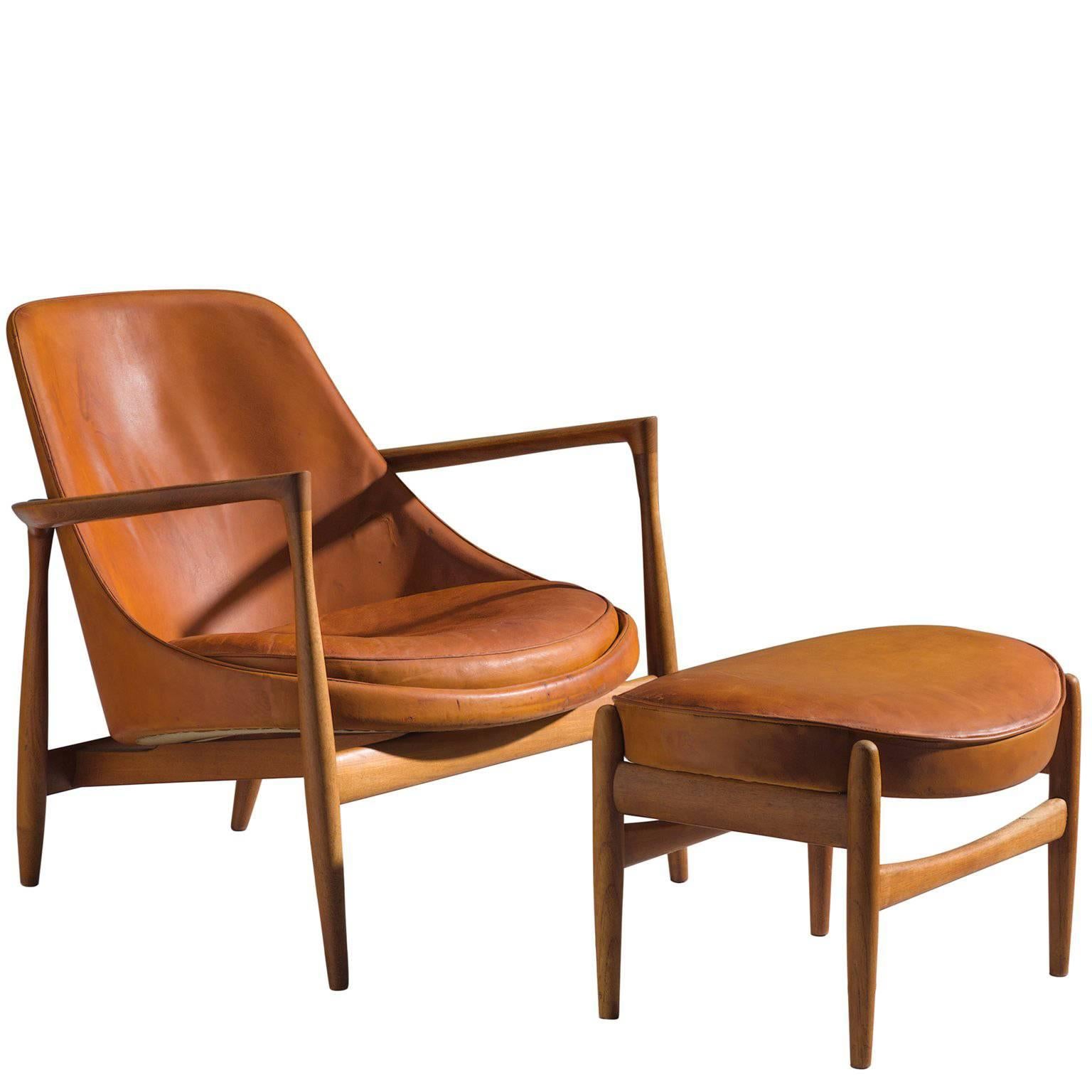 Ib Kofod-Larsen 'Elizabeth' Chair in Original Cognac Leather with Ottoman