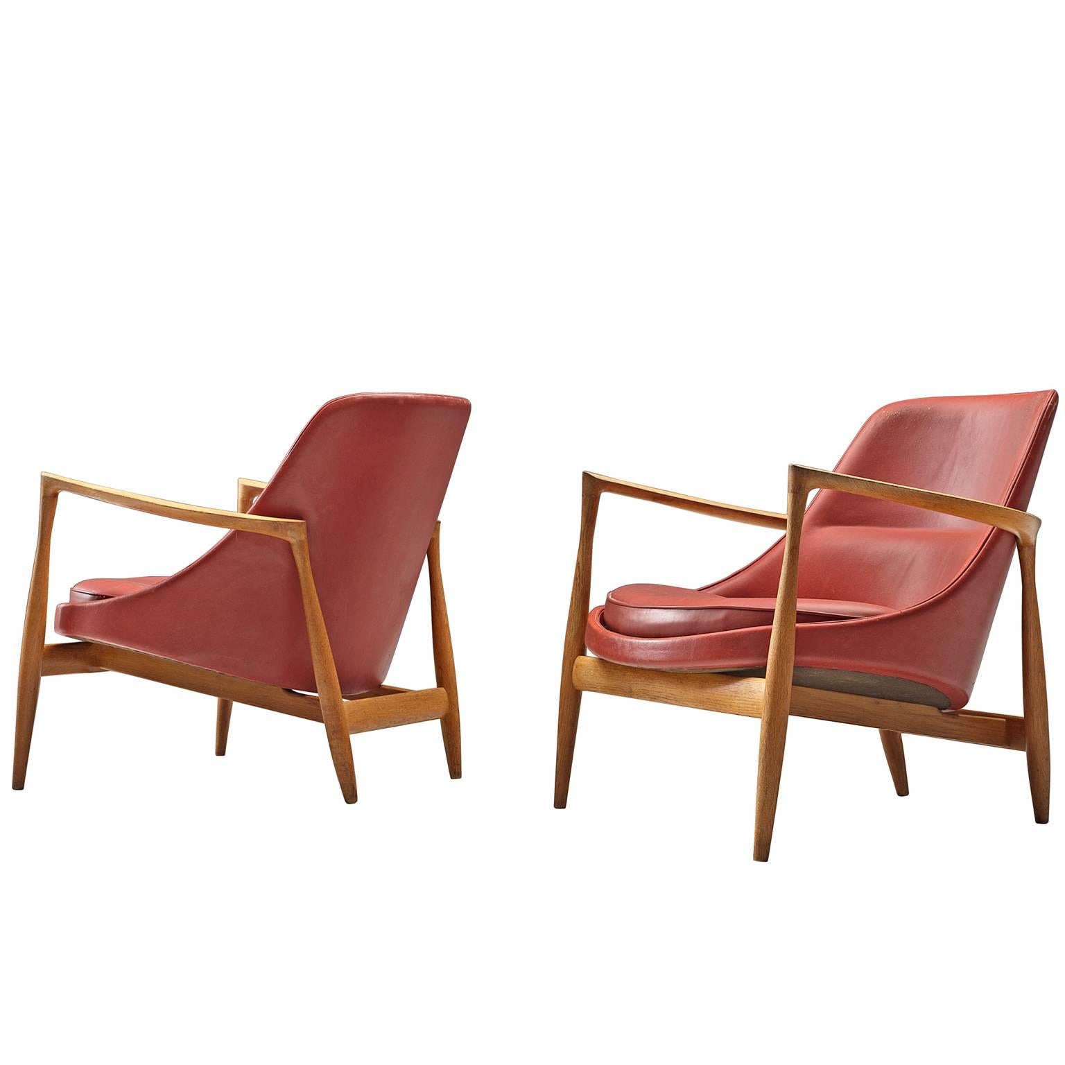 Ib Kofod-Larsen 'Elizabeth' Chairs in Red Leather and Oak