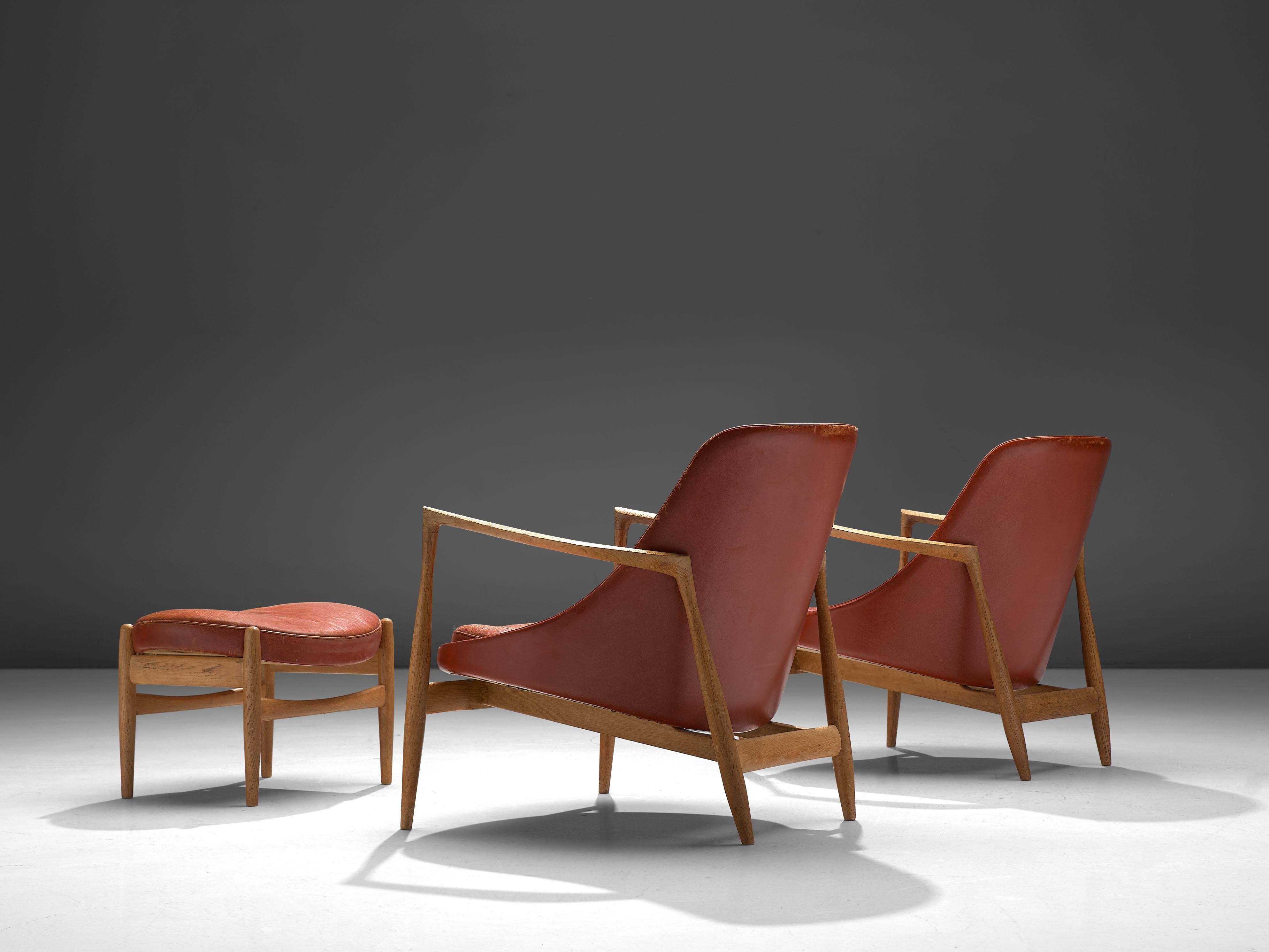Ib Kofod-Larsen 'Elizabeth' Chairs with Ottoman in Original Aged Leather 4
