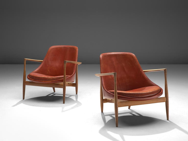 Scandinavian Modern Ib Kofod-Larsen 'Elizabeth' Chairs with Ottoman in Original Aged Leather