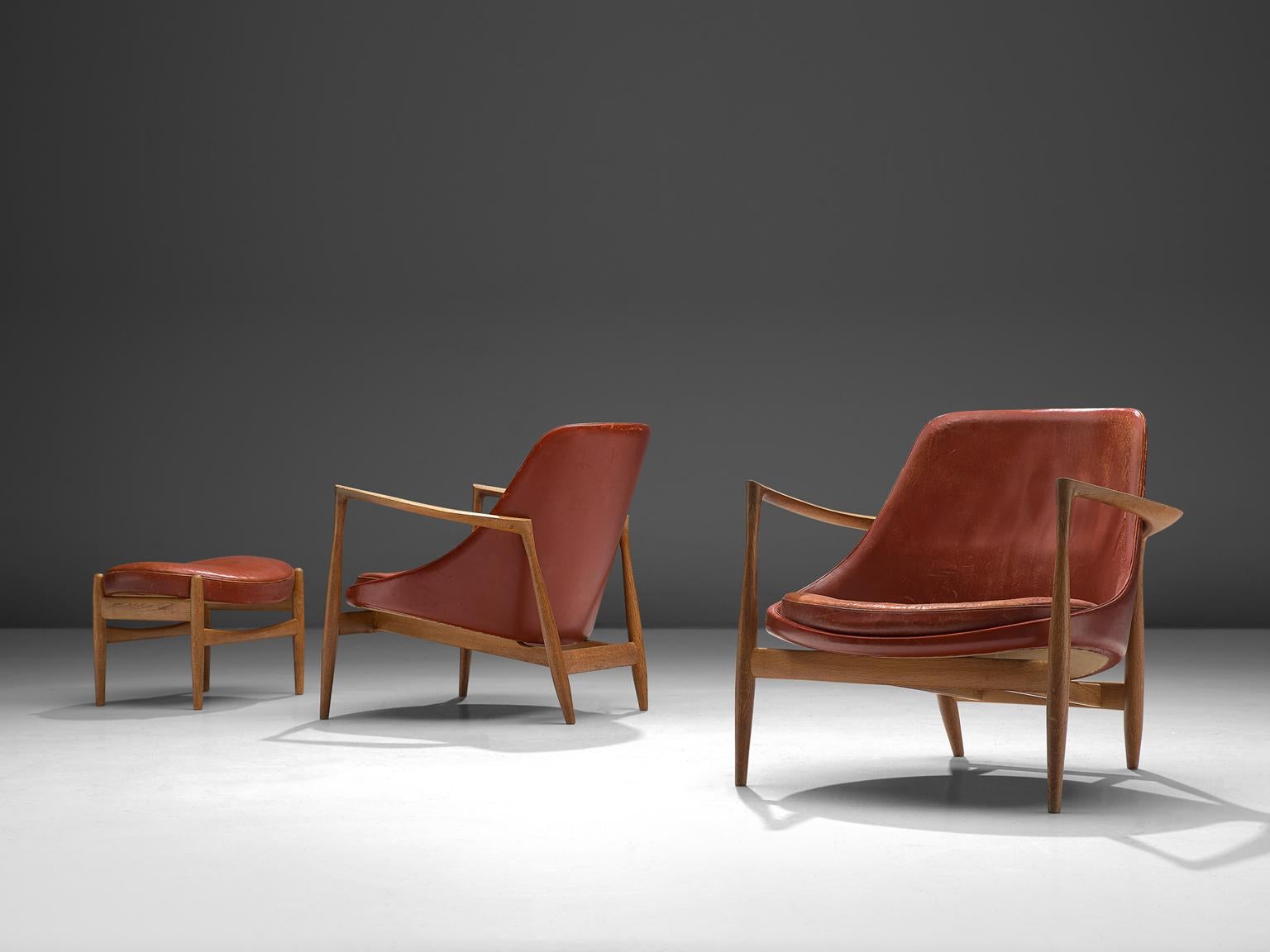 Scandinavian Modern Ib Kofod-Larsen 'Elizabeth' Chairs with Ottoman in Original Aged Leather