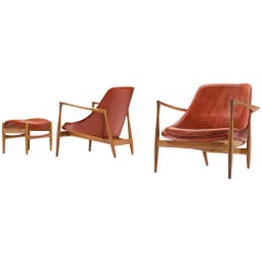 Ib Kofod-Larsen 'Elizabeth' Chairs with Ottoman in Original Aged Leather