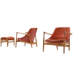 Ib Kofod-Larsen 'Elizabeth' Chairs with Ottoman in Original Aged Leather