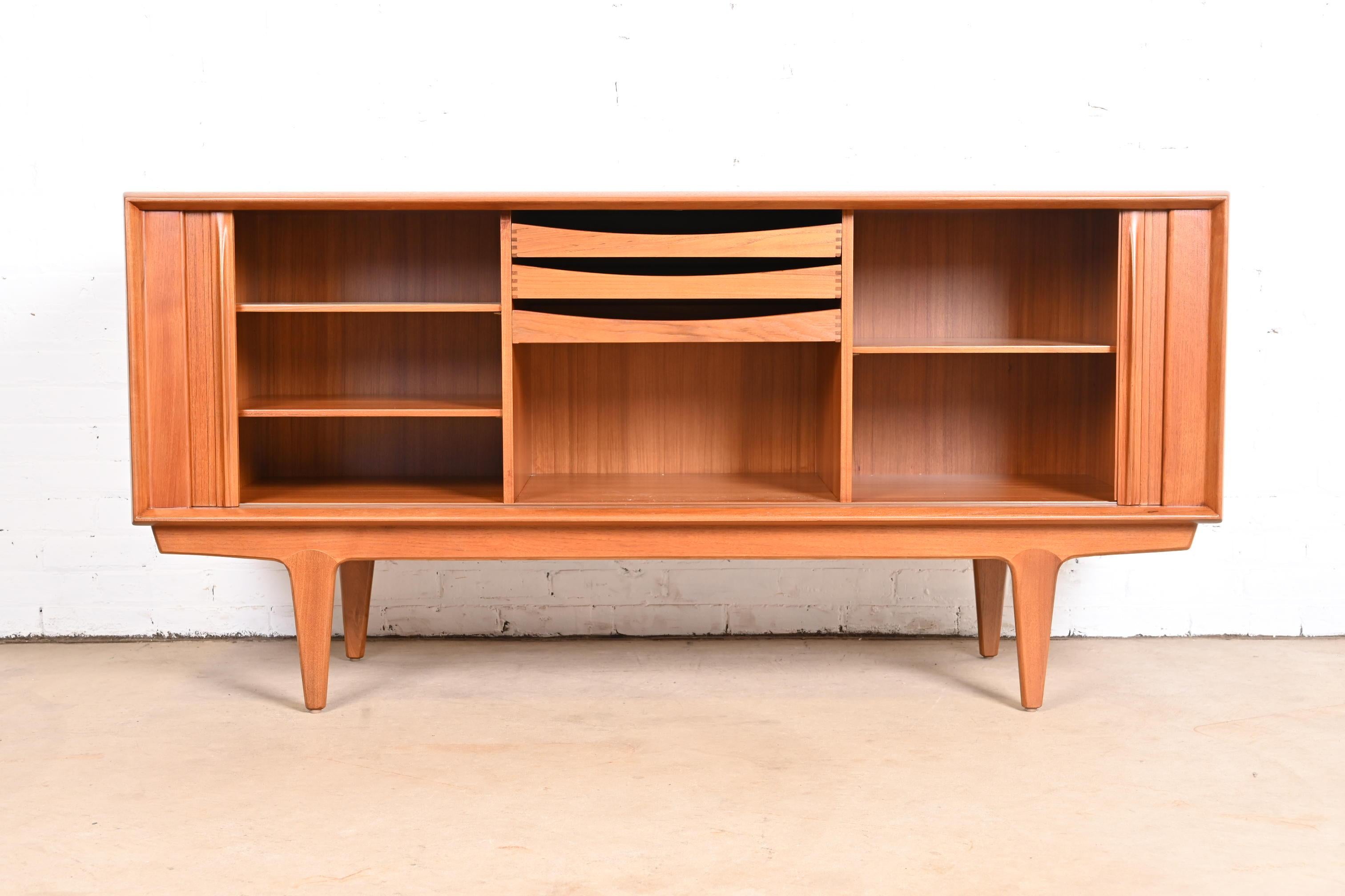 Ib Kofod-Larsen for Faarup Danish Modern Teak Tambour Door Credenza, Refinished 2
