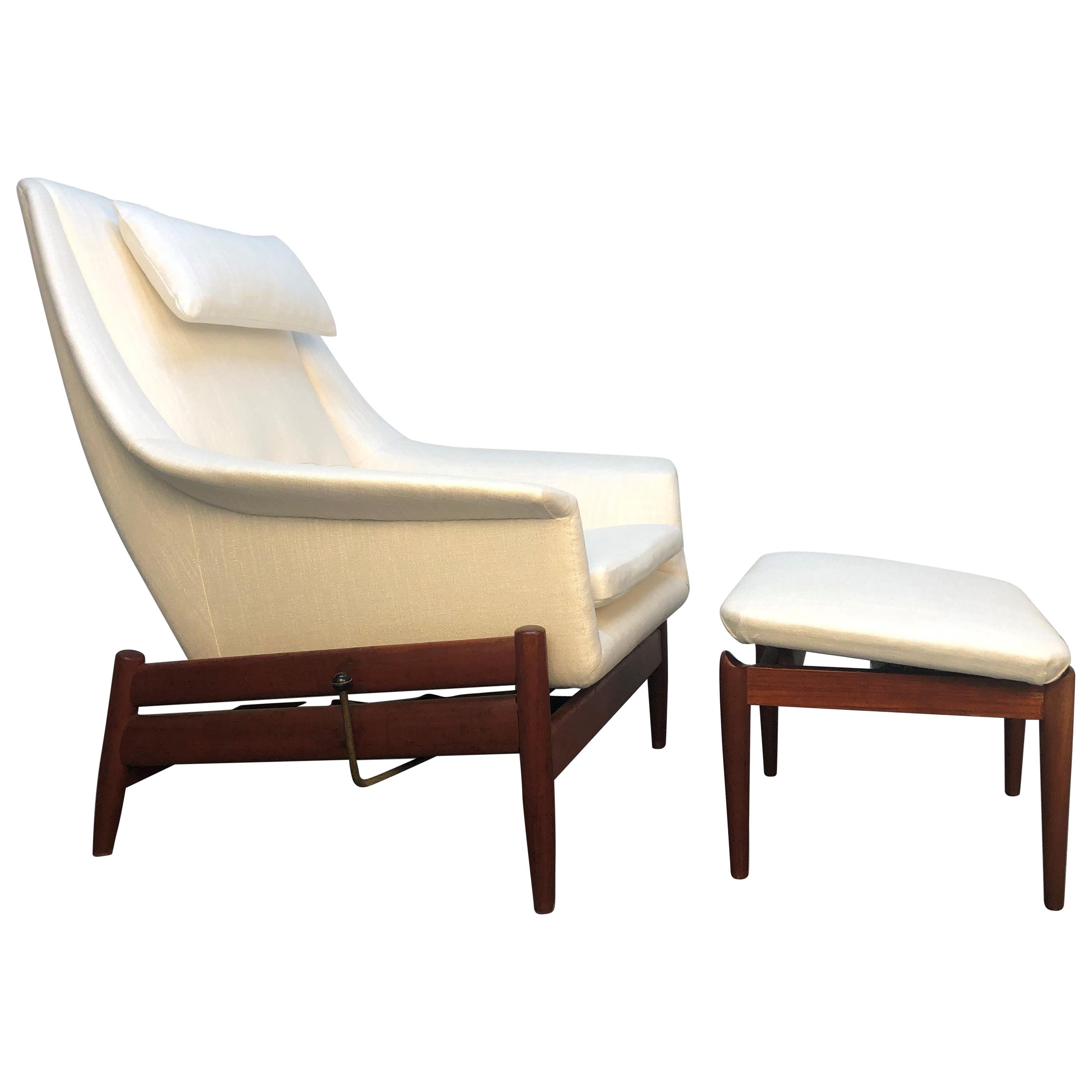 Ib Kofod-Larsen for Povl Dinesen Danish Lounge Chair and Ottoman For Sale