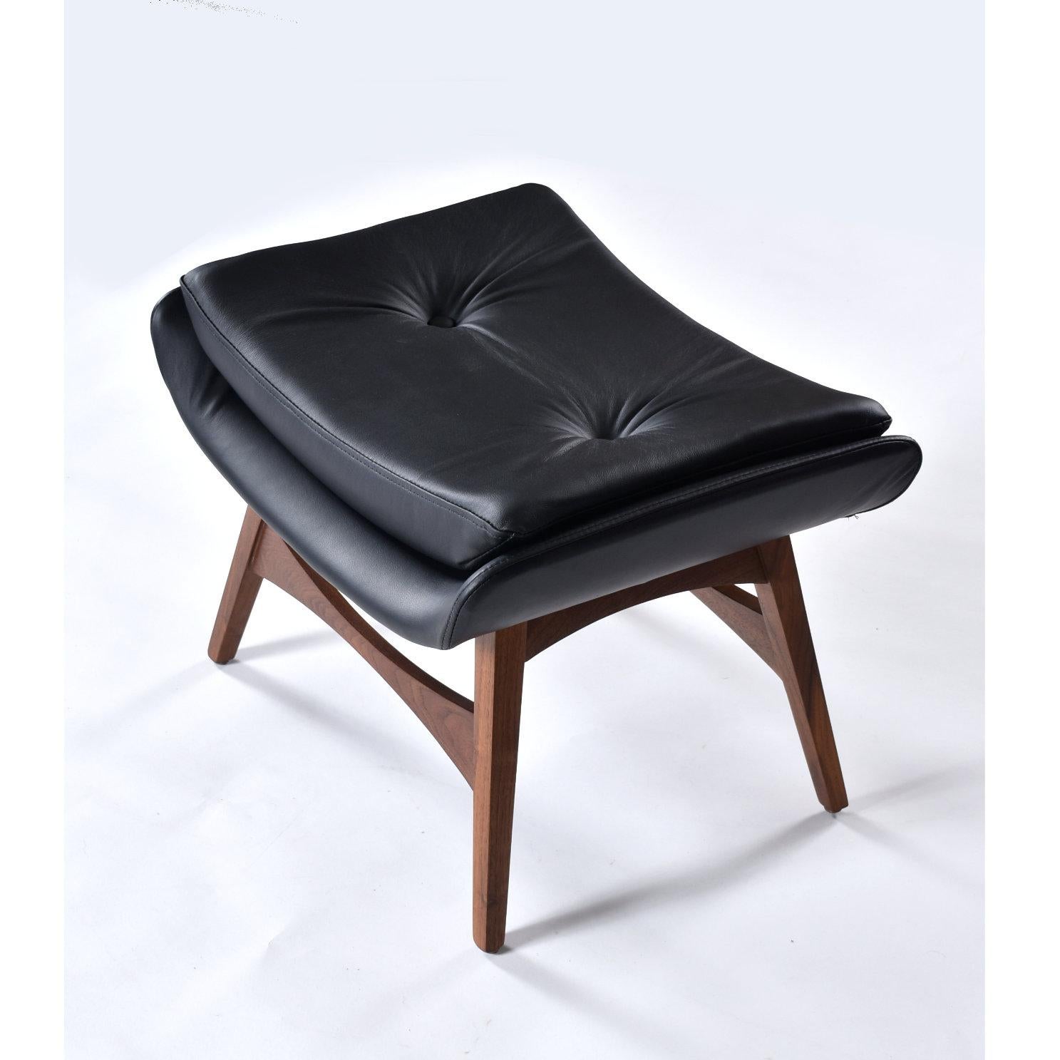 Ib Kofod Larsen for Selig Black Leather Armchair with Galloway’s Ottoman 3