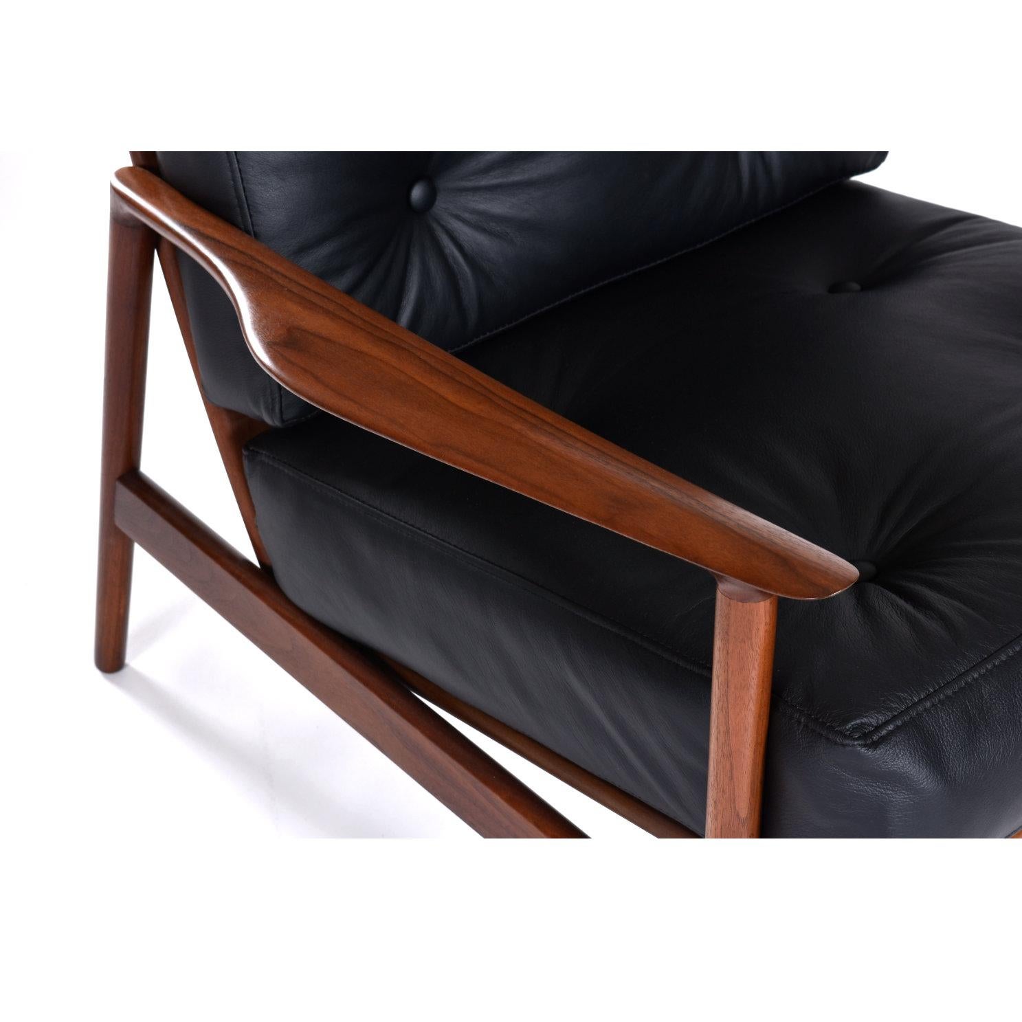 Ib Kofod Larsen for Selig Black Leather Armchair with Galloway’s Ottoman 4