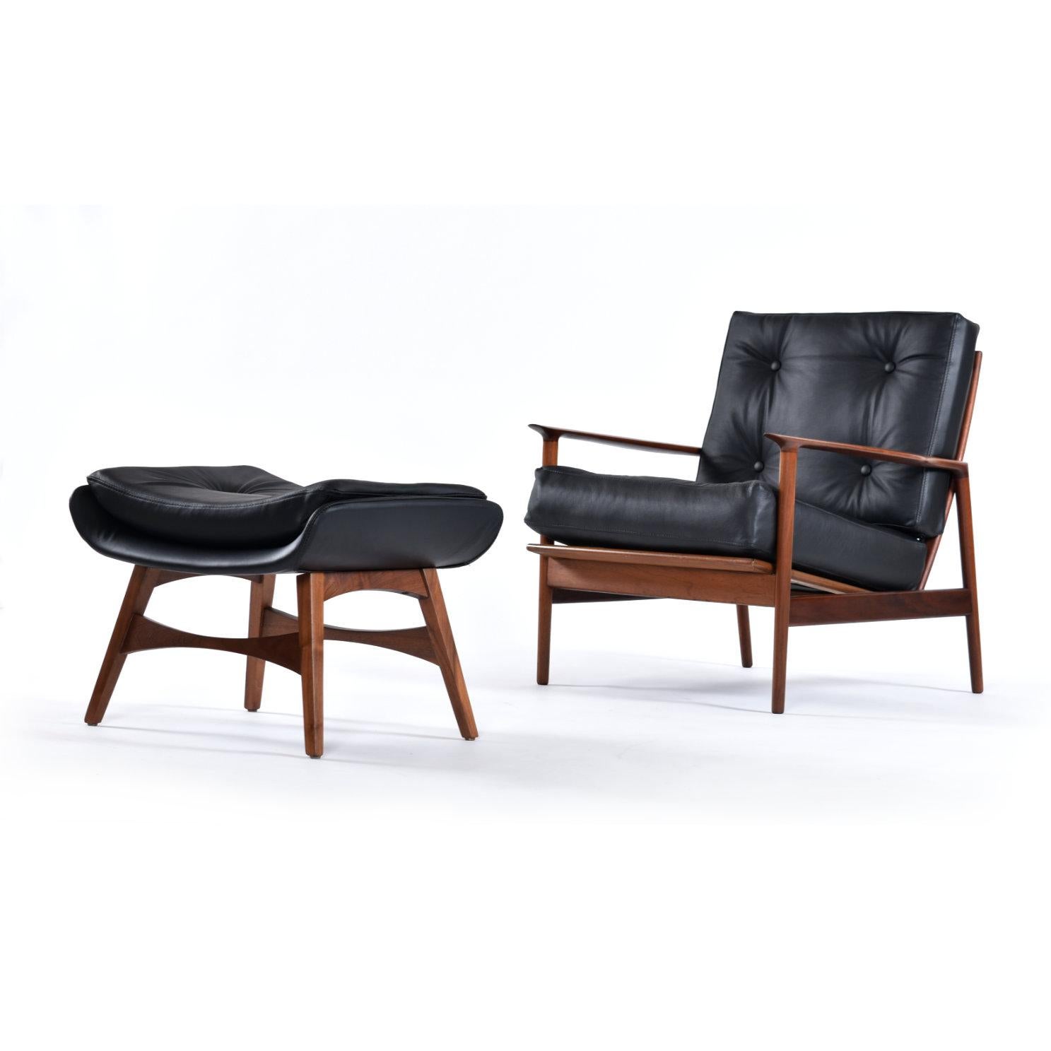 Mid-Century Modern Ib Kofod Larsen for Selig Black Leather Armchair with Galloway’s Ottoman