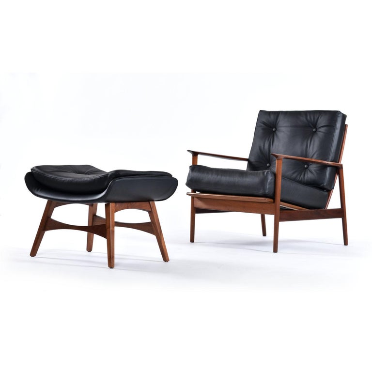 Mid-Century Modern Ib Kofod Larsen for Selig Black Leather Armchair with Galloway’s Ottoman For Sale