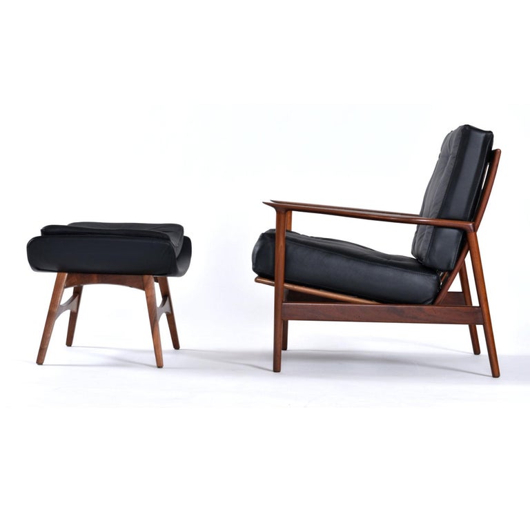 Danish Ib Kofod Larsen for Selig Black Leather Armchair with Galloway’s Ottoman For Sale