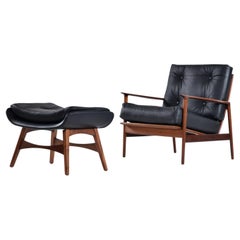 Ib Kofod Larsen for Selig Black Leather Armchair with Galloway’s Ottoman