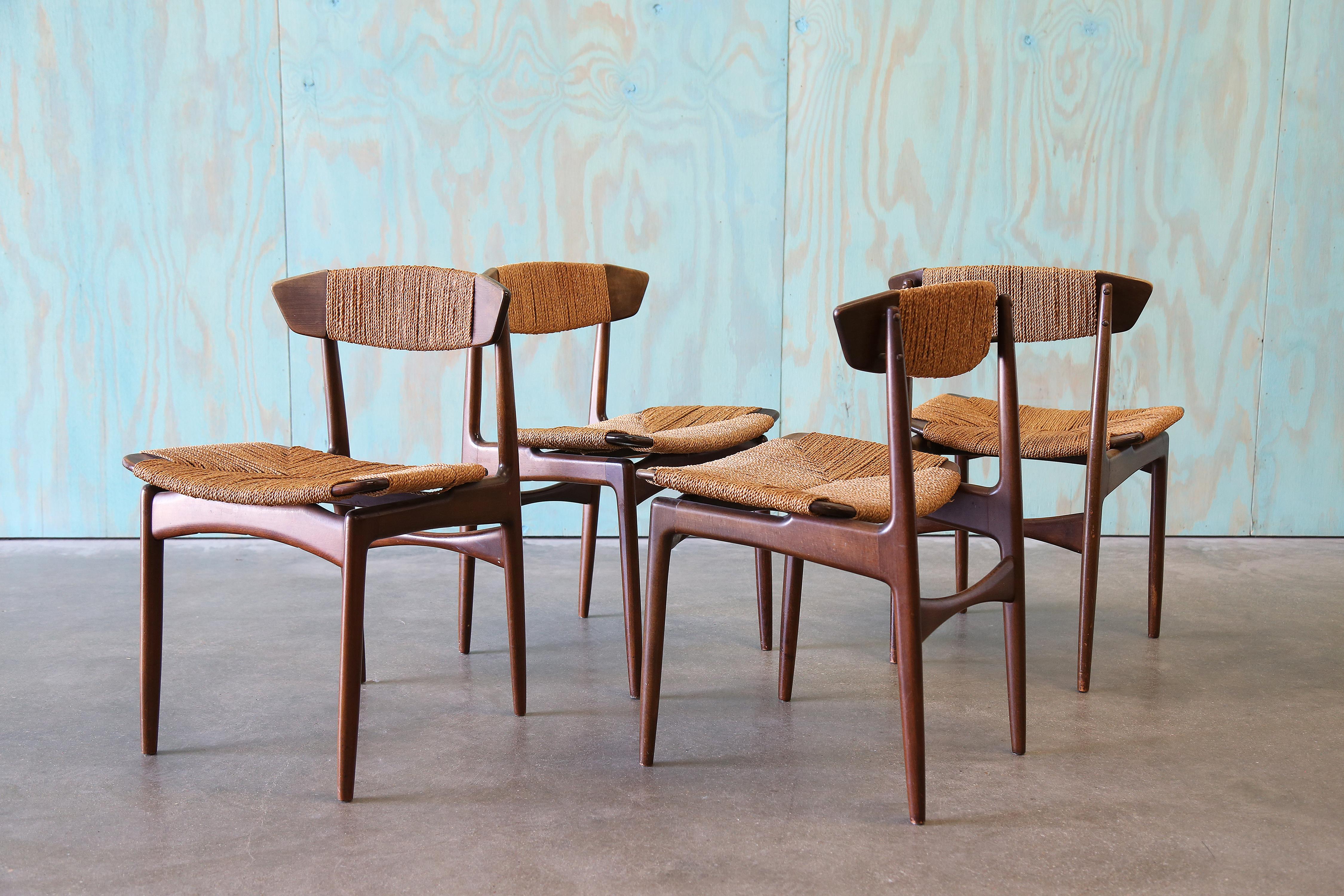 Mid-Century Modern Ib Kofod Larsen for Selig Danish Seagrass and Beech Dining Chairs MCM For Sale
