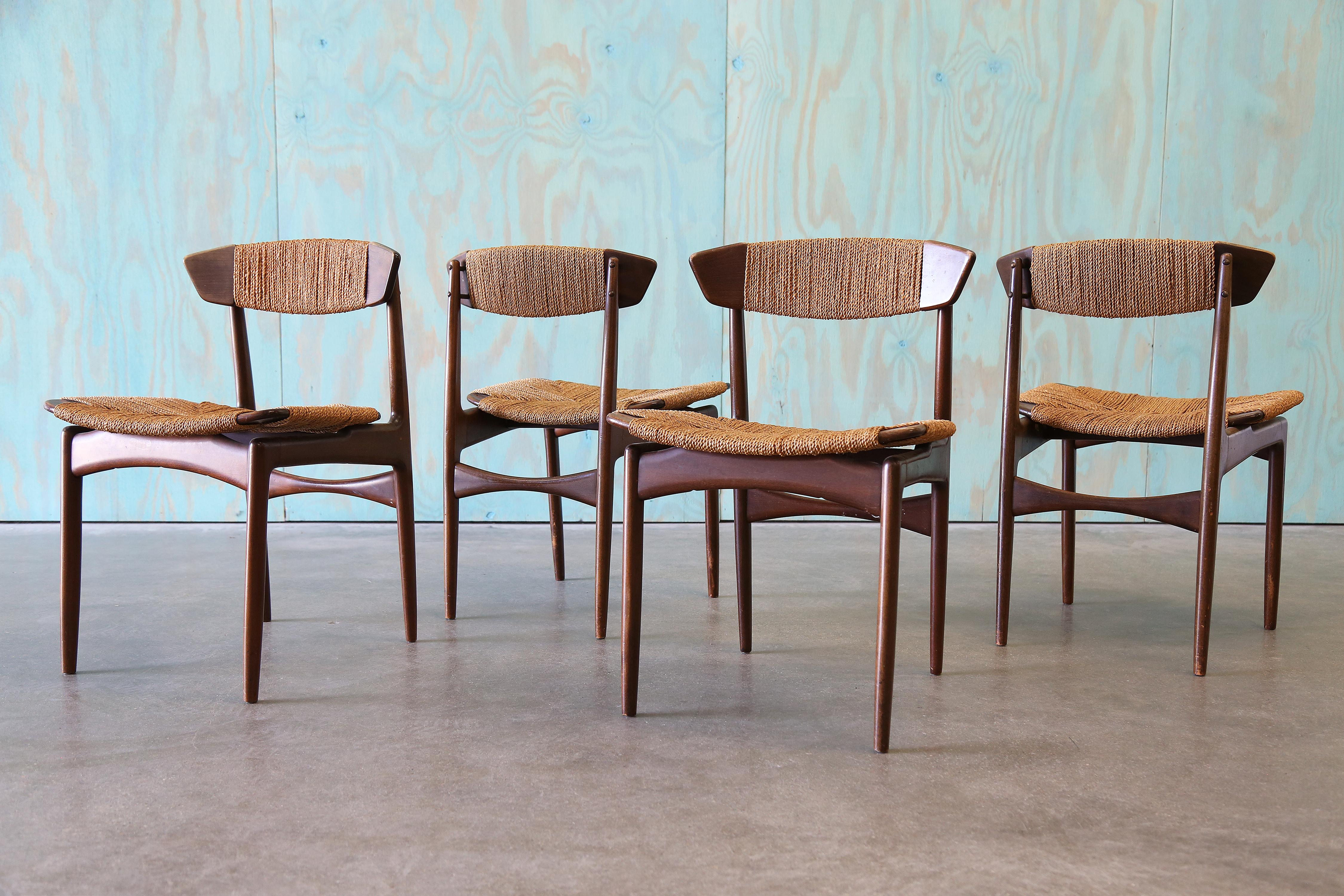 Ib Kofod Larsen for Selig Danish Seagrass and Beech Dining Chairs MCM In Good Condition For Sale In Virginia Beach, VA