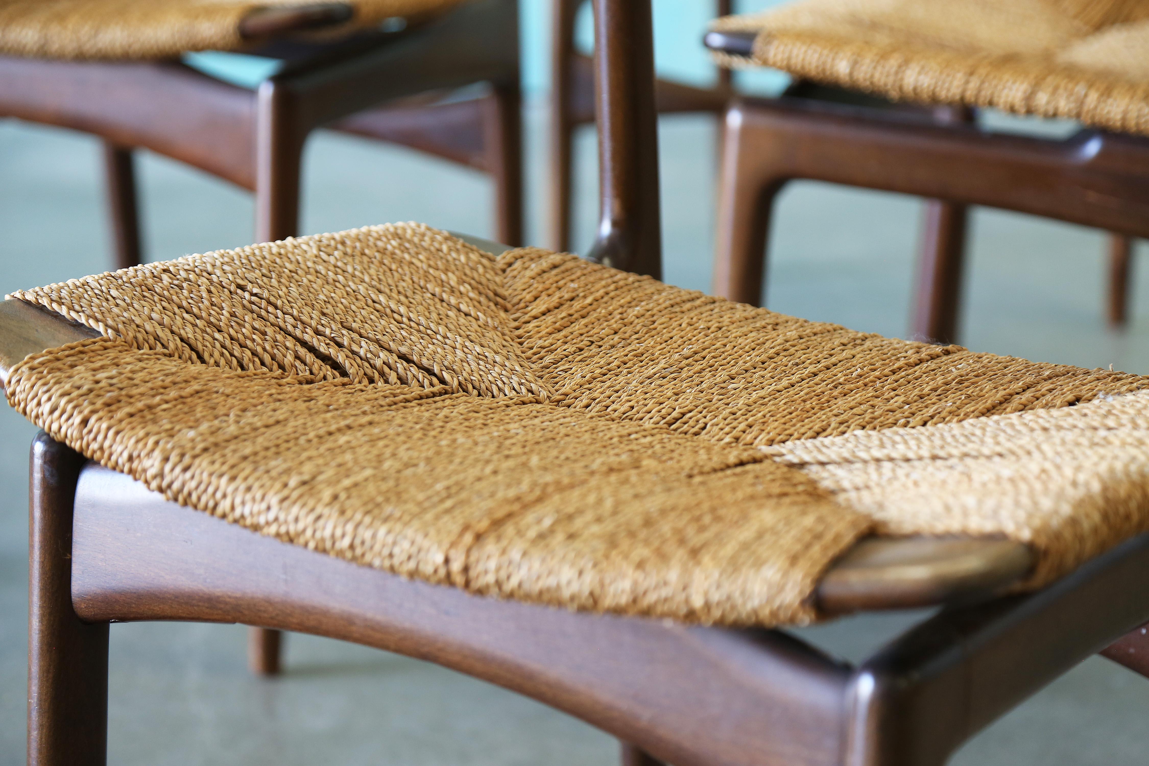 Ib Kofod Larsen for Selig Danish Seagrass and Beech Dining Chairs MCM For Sale 1