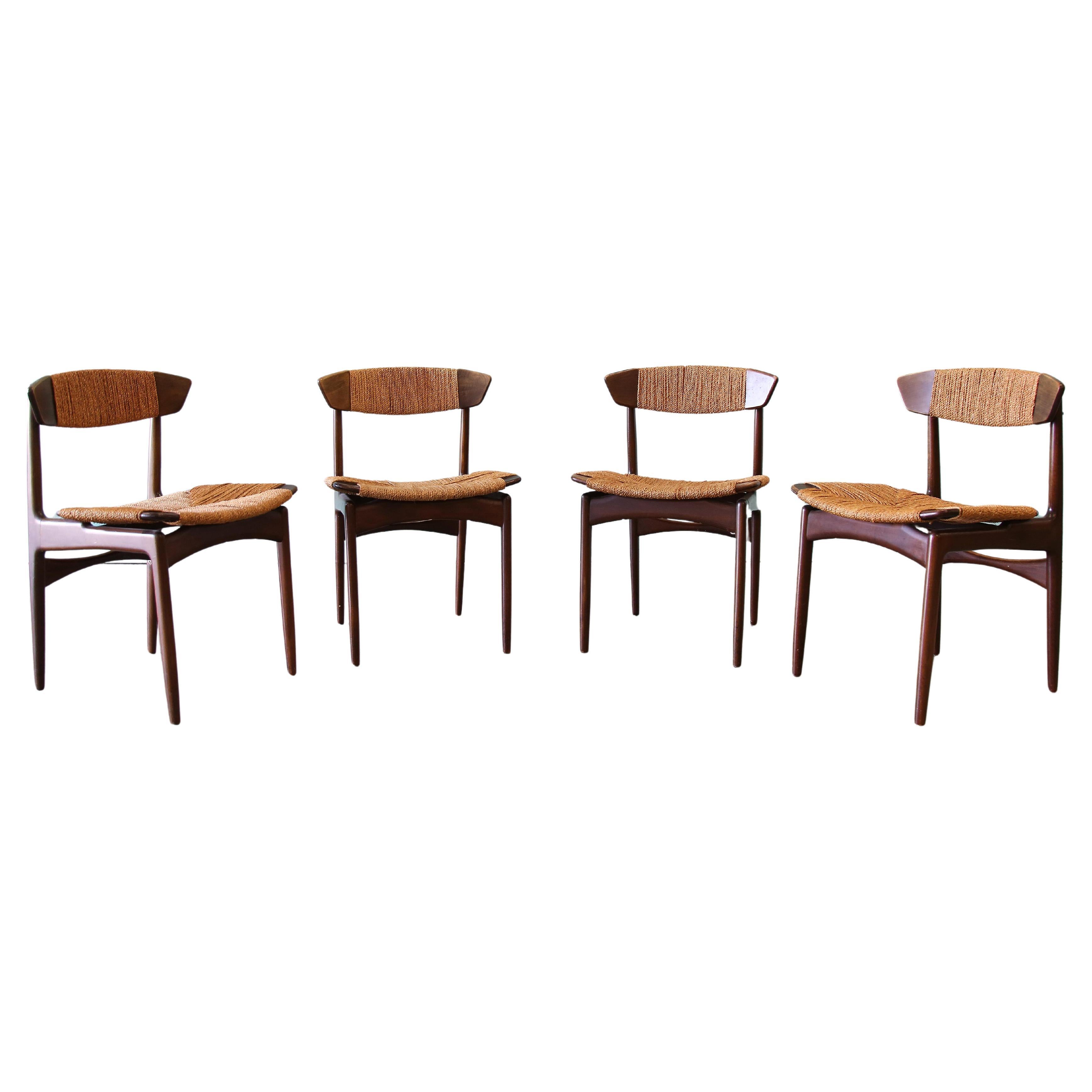 Ib Kofod Larsen for Selig Danish Seagrass and Beech Dining Chairs MCM For Sale