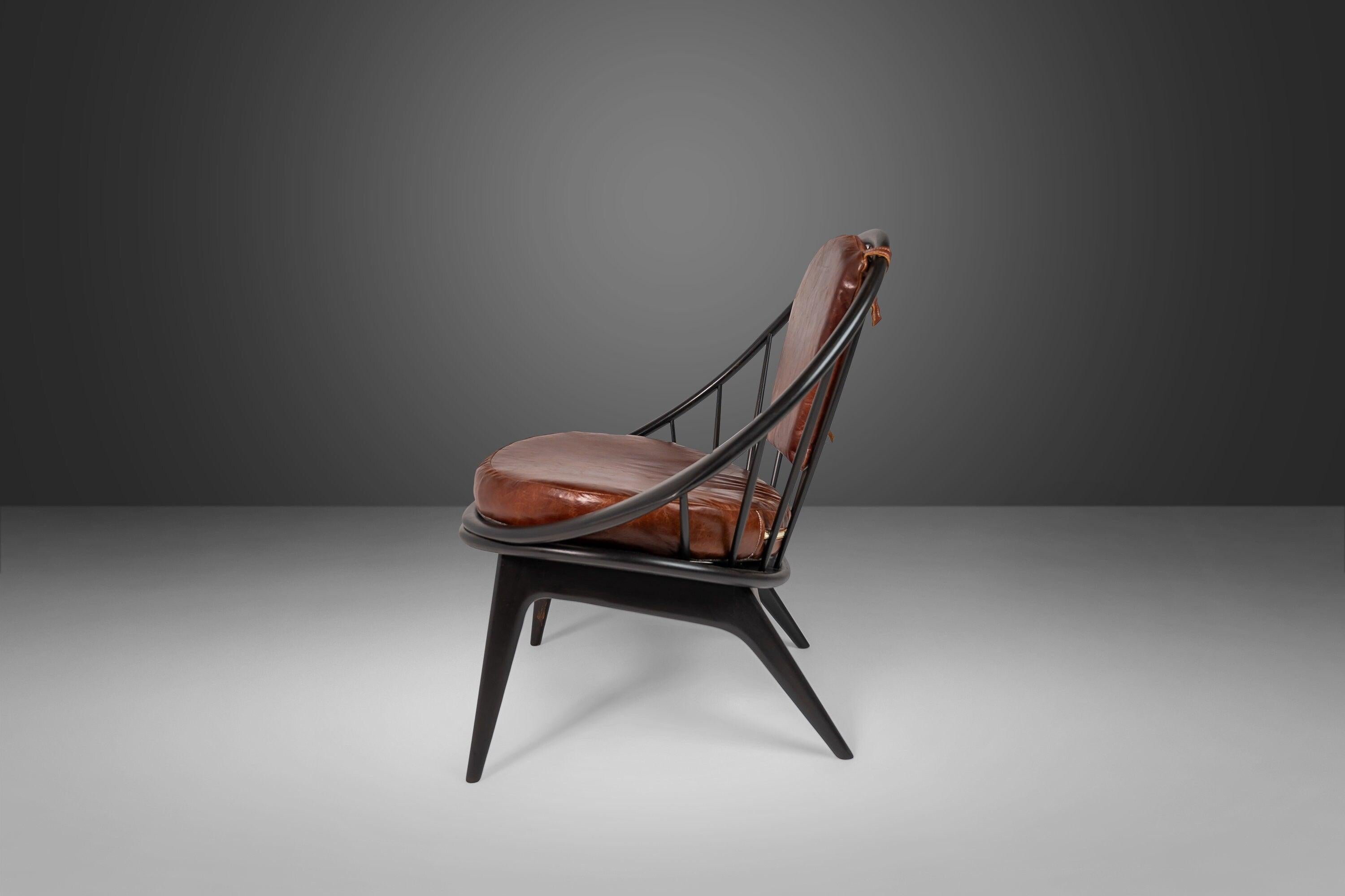 Mid-Century Modern Ib Kofod-Larsen for Selig Ebonized Hoop Chair, Peacock Chair w/ Patinaed Leather For Sale