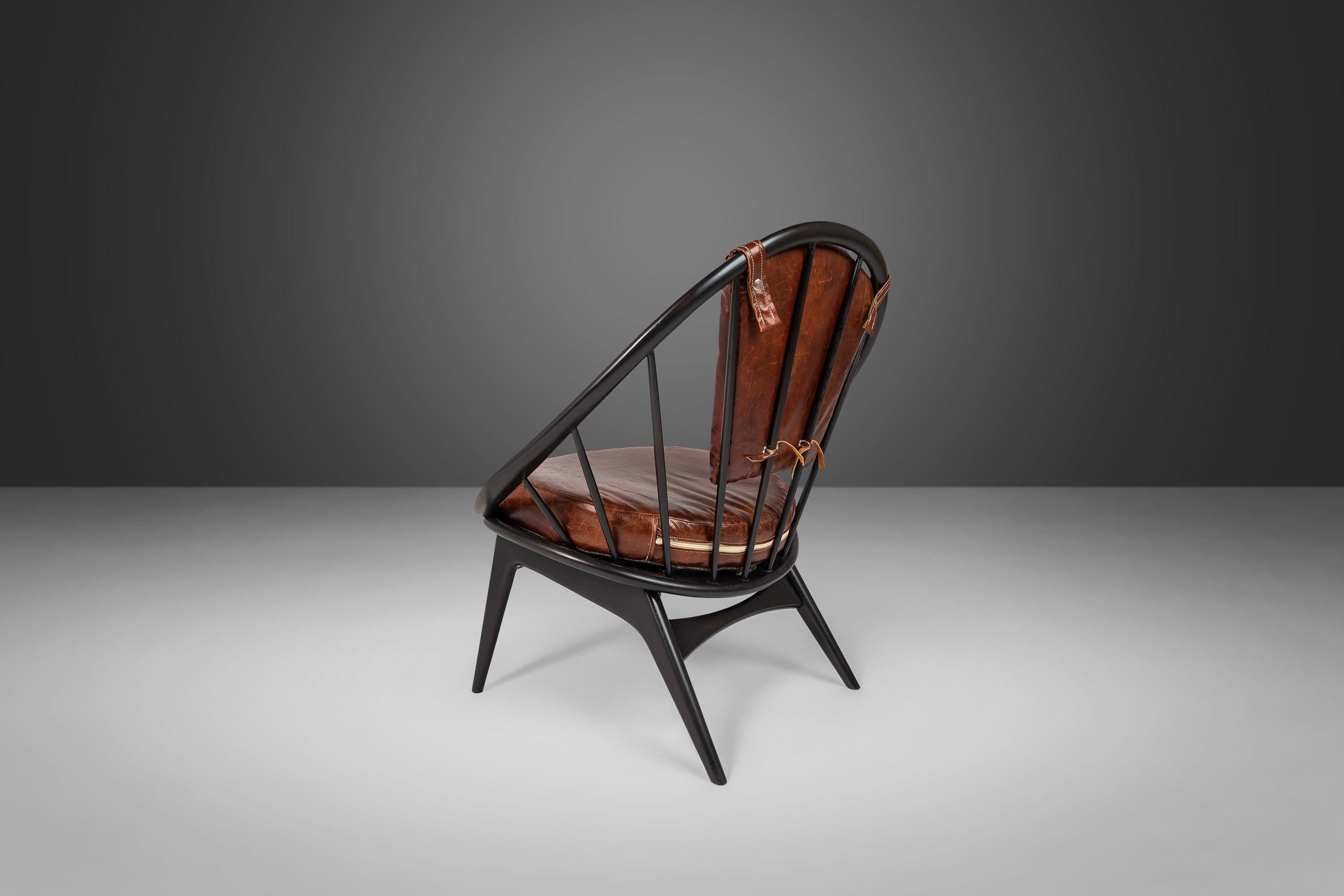 Ib Kofod-Larsen for Selig Ebonized Hoop Chair, Peacock Chair w/ Patinaed Leather In Excellent Condition For Sale In Deland, FL