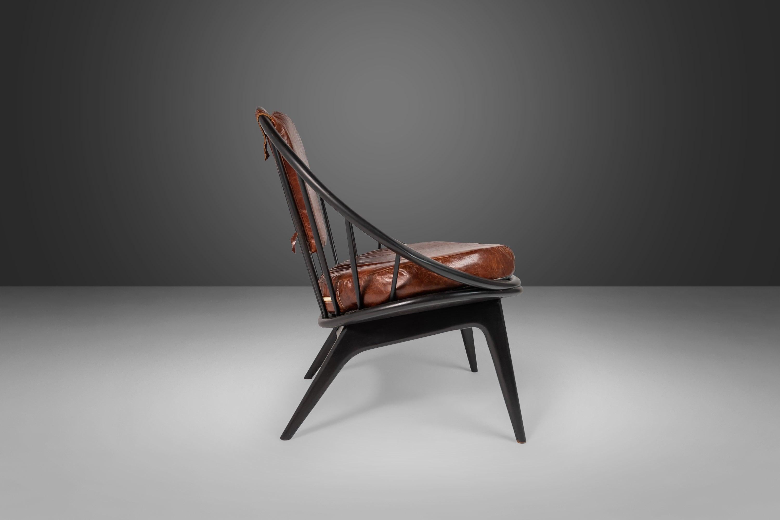 Walnut Ib Kofod-Larsen for Selig Ebonized Hoop Chair, Peacock Chair w/ Patinaed Leather For Sale