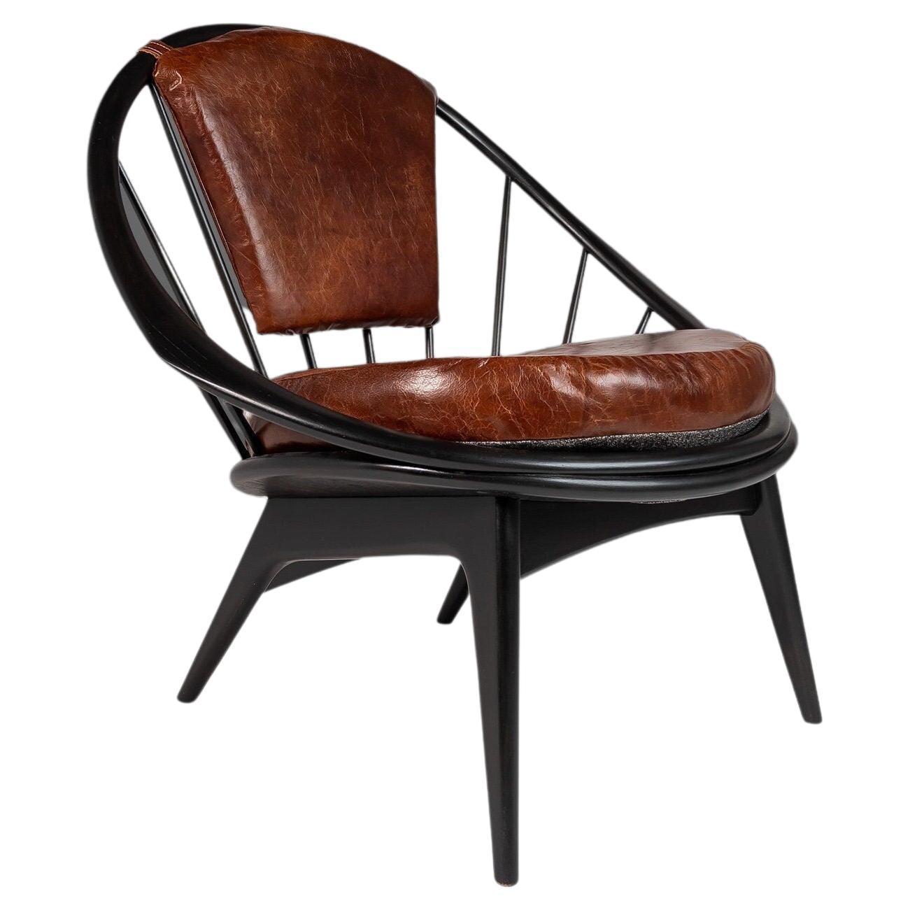 Ib Kofod-Larsen for Selig Ebonized Hoop Chair, Peacock Chair w/ Patinaed Leather For Sale