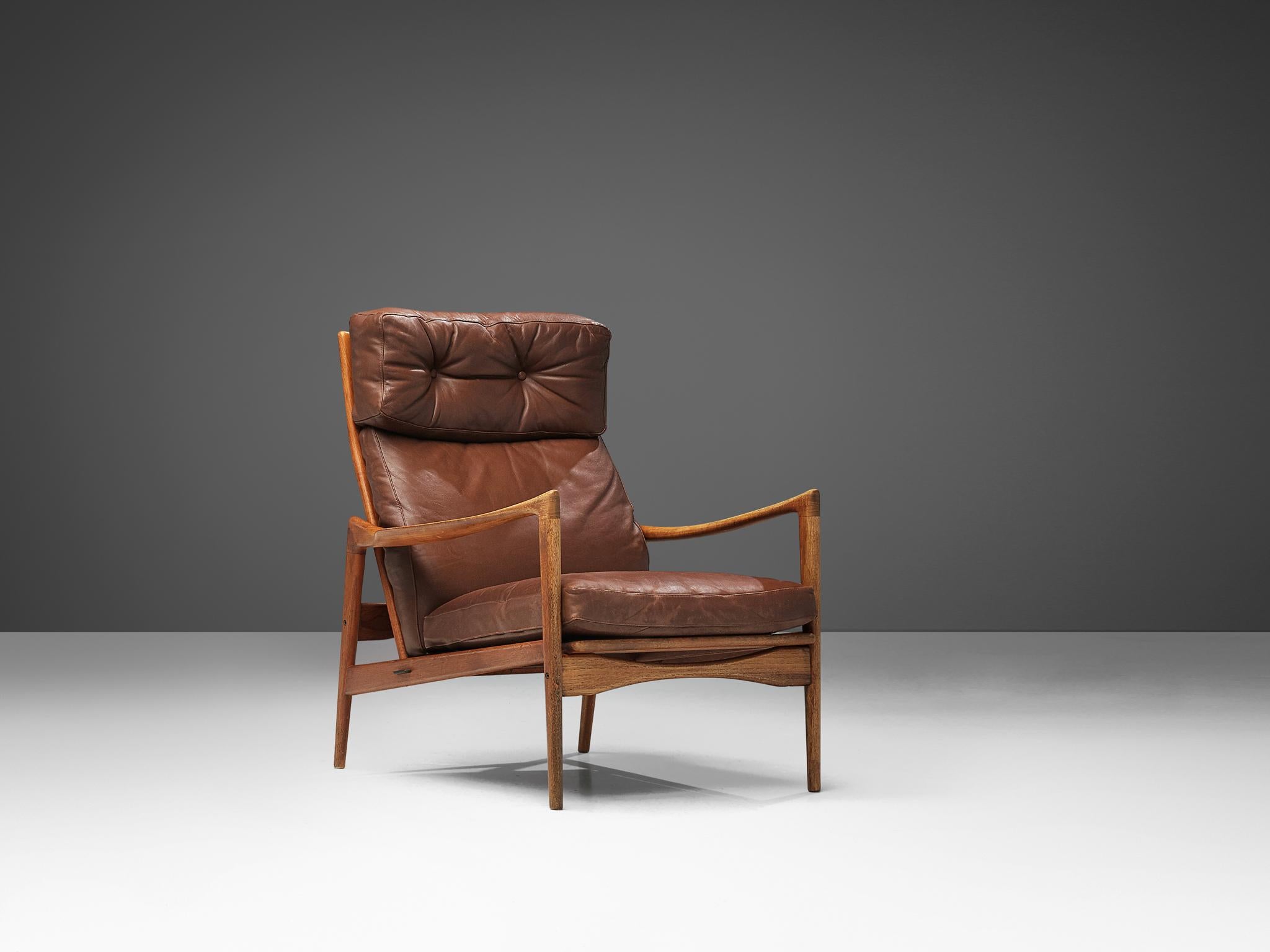 Scandinavian Modern Ib Kofod-Larsen High Back Armchair in Teak and Brown Leather