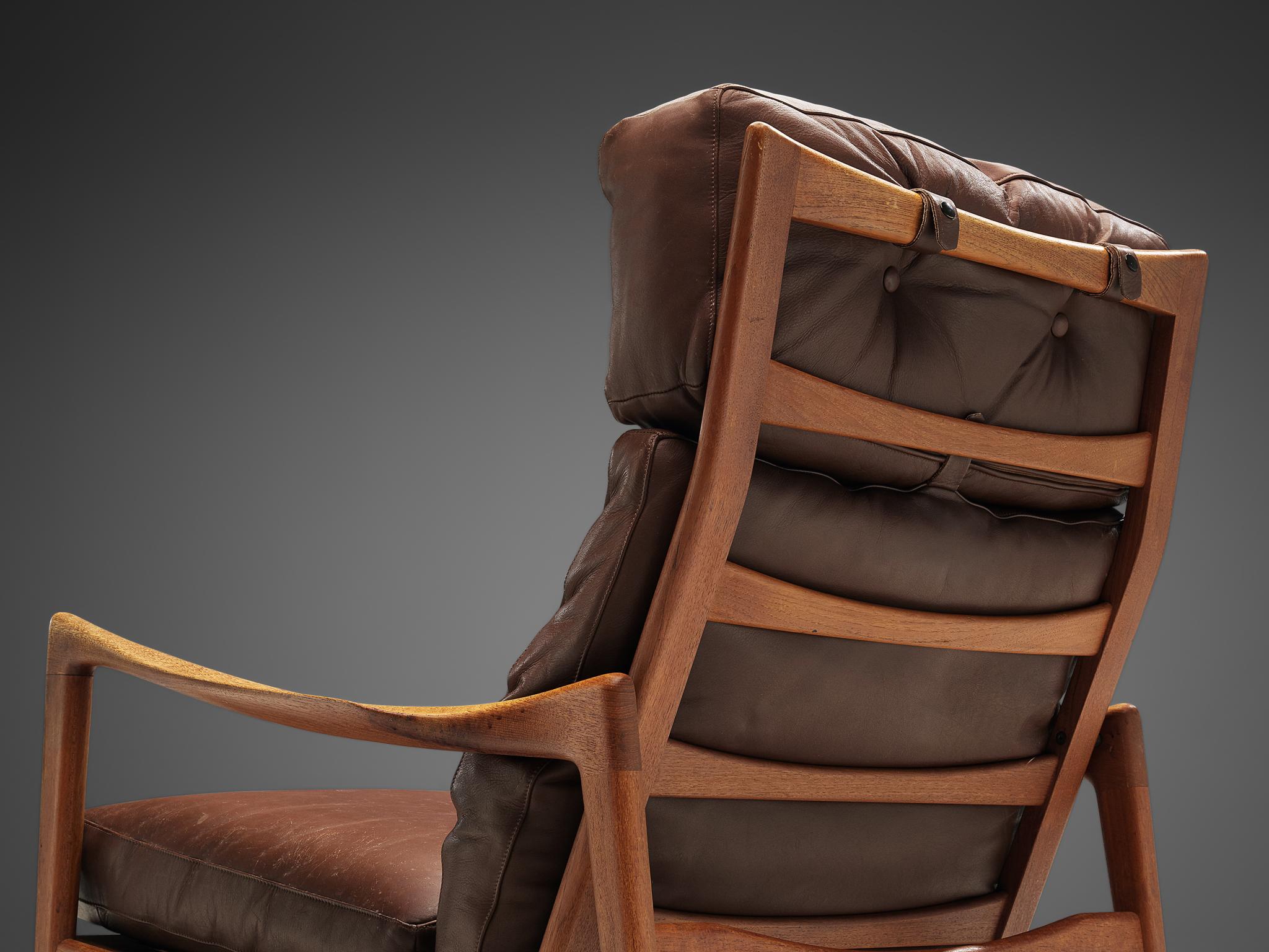 Scandinavian Modern Ib Kofod-Larsen High Back Armchair in Teak and Brown Leather